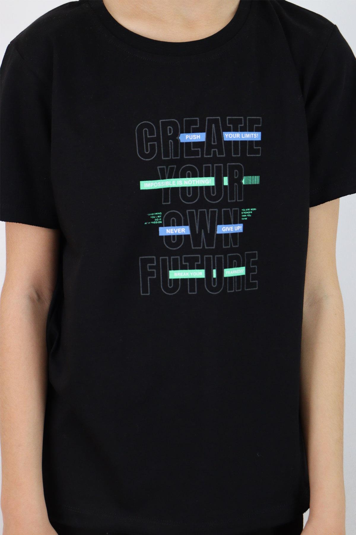 Breeze Erkek Çocuk Tişört Yazı Baskı Detaylı Etek Ucu Kolu Pis Kesim Siyah (8-12 Yaş)