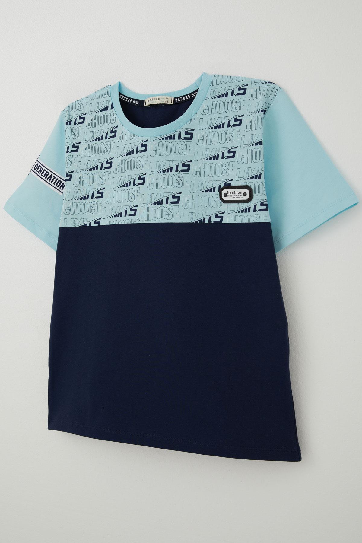 Breeze Erkek Çocuk Tişört Yazı Baskılı Armalı Açık Mavi (9-16 Yaş)