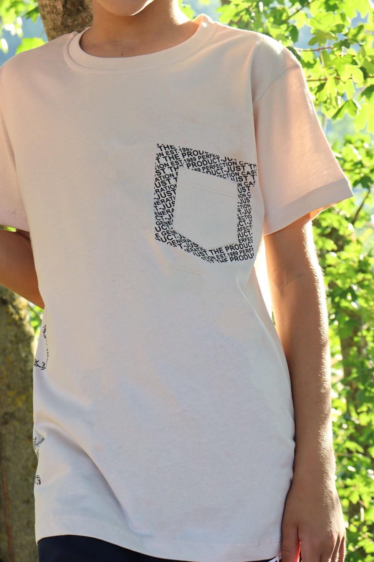 Breeze Erkek Çocuk Tişört Yazı Baskılı Cepli Bej (8-12 Yaş)