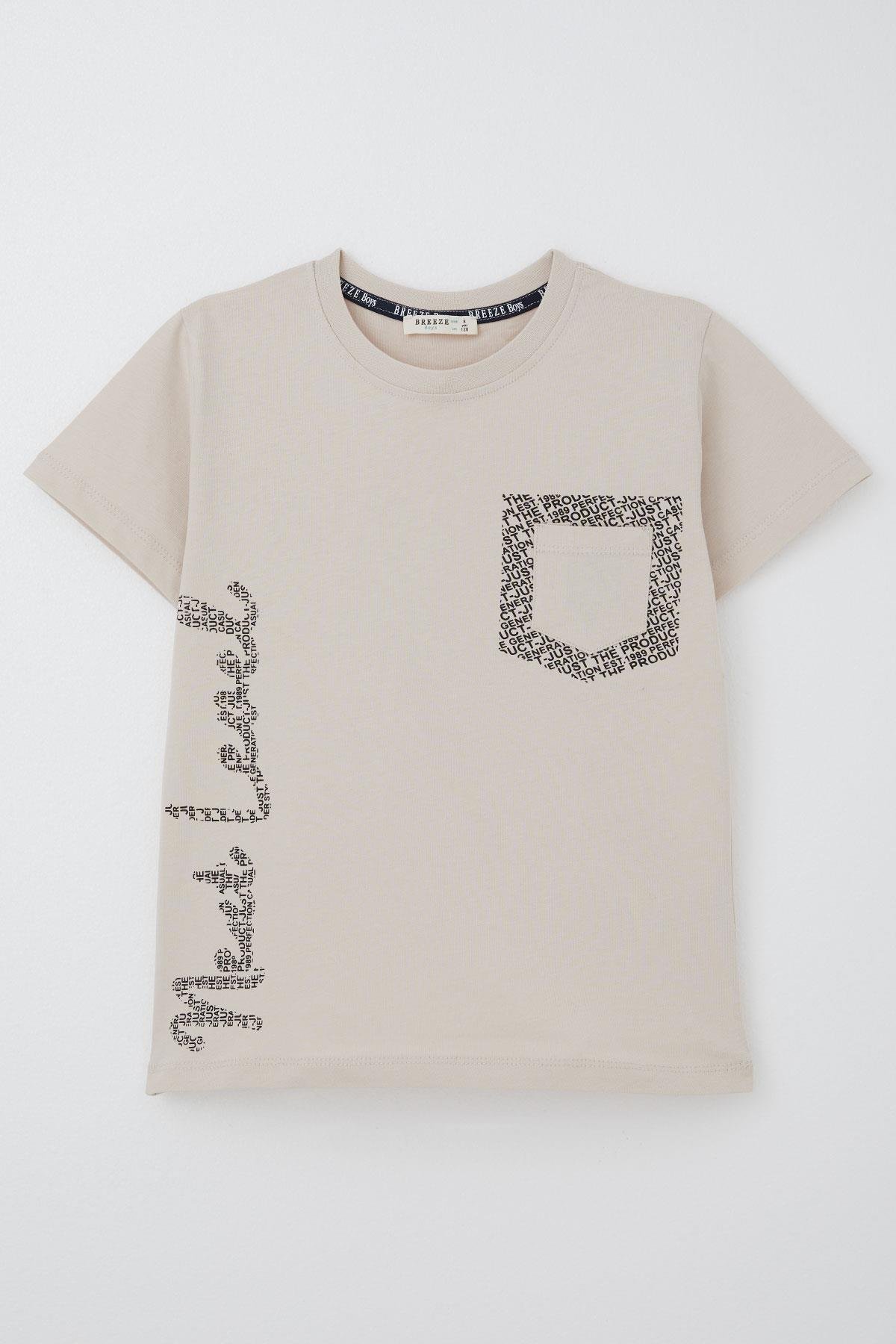 Breeze Erkek Çocuk Tişört Yazı Baskılı Cepli Bej (8-12 Yaş)