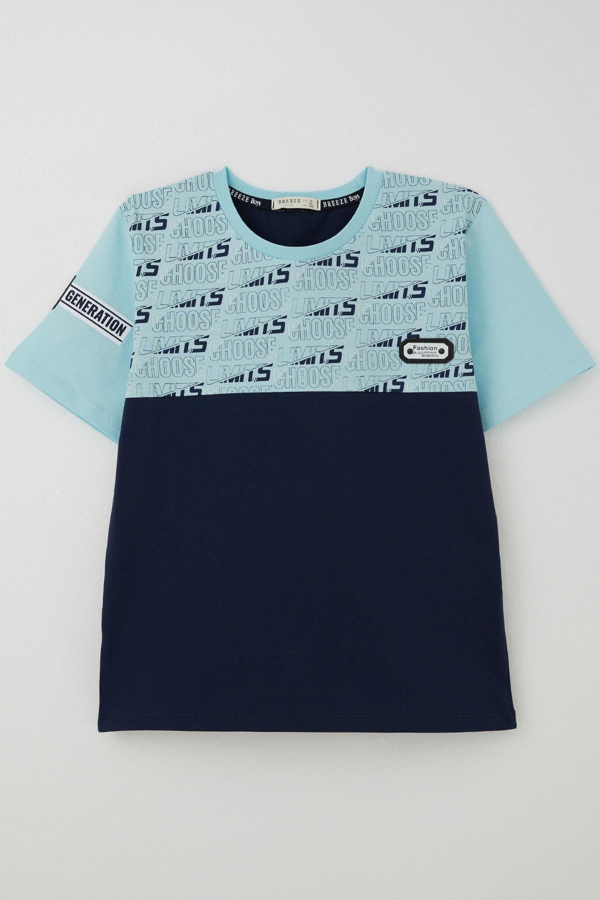 Breeze Erkek Çocuk Tişört Yazı Baskılı Armalı Açık Mavi (9-16 Yaş)