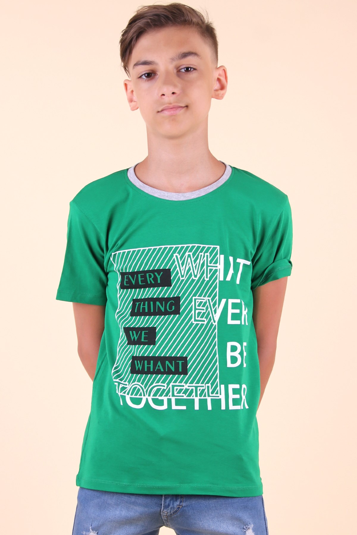 Breeze Erkek Çocuk Tişört Yazı Baskılı Yeşil (8-14 Yaş)