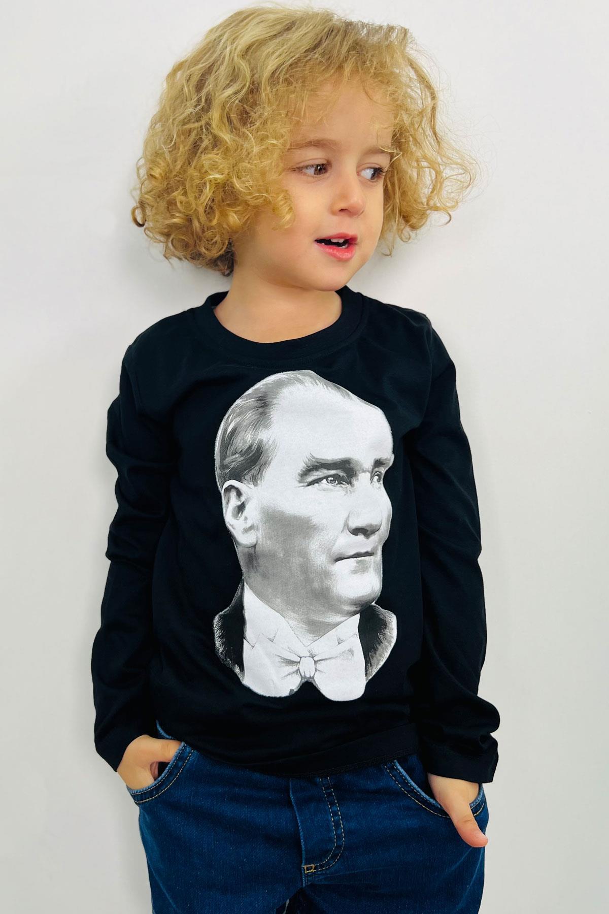 Breeze Erkek Çocuk Uzun Kollu Tişört Atatürk Baskılı Siyah (5-14 Yaş)