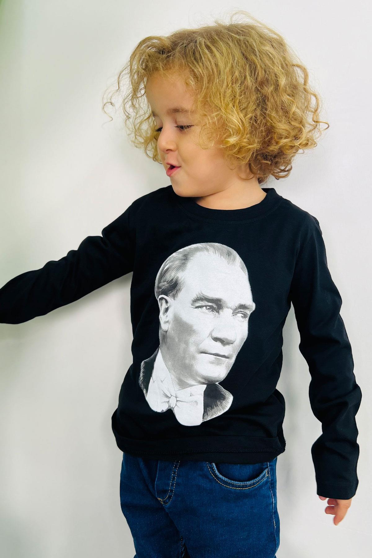 Breeze Erkek Çocuk Uzun Kollu Tişört Atatürk Baskılı Siyah (5-14 Yaş)