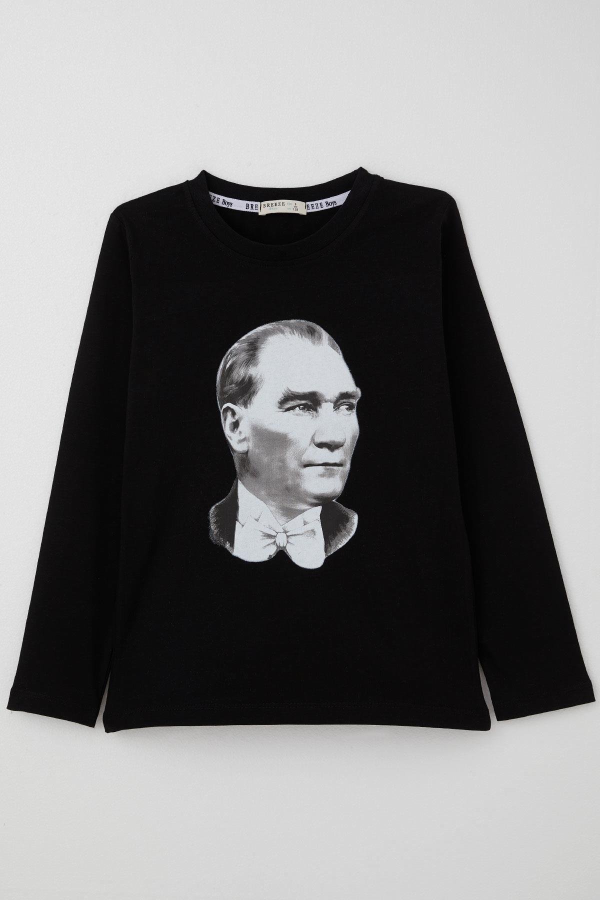 Breeze Erkek Çocuk Uzun Kollu Tişört Atatürk Baskılı Siyah (5-14 Yaş)