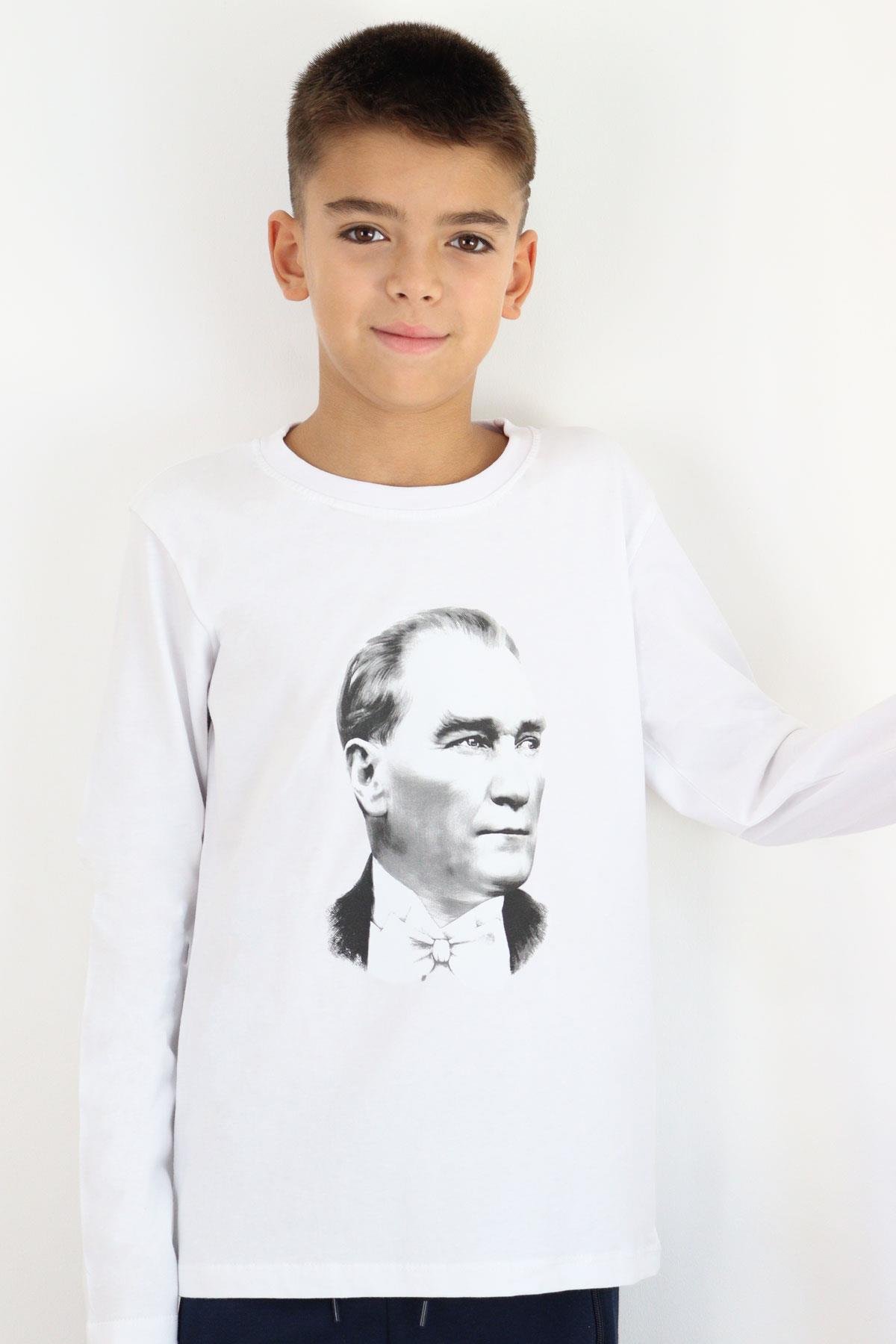 Breeze Erkek Çocuk Uzun Kollu Tişört Atatürk Baskılı Beyaz (5-14 Yaş)