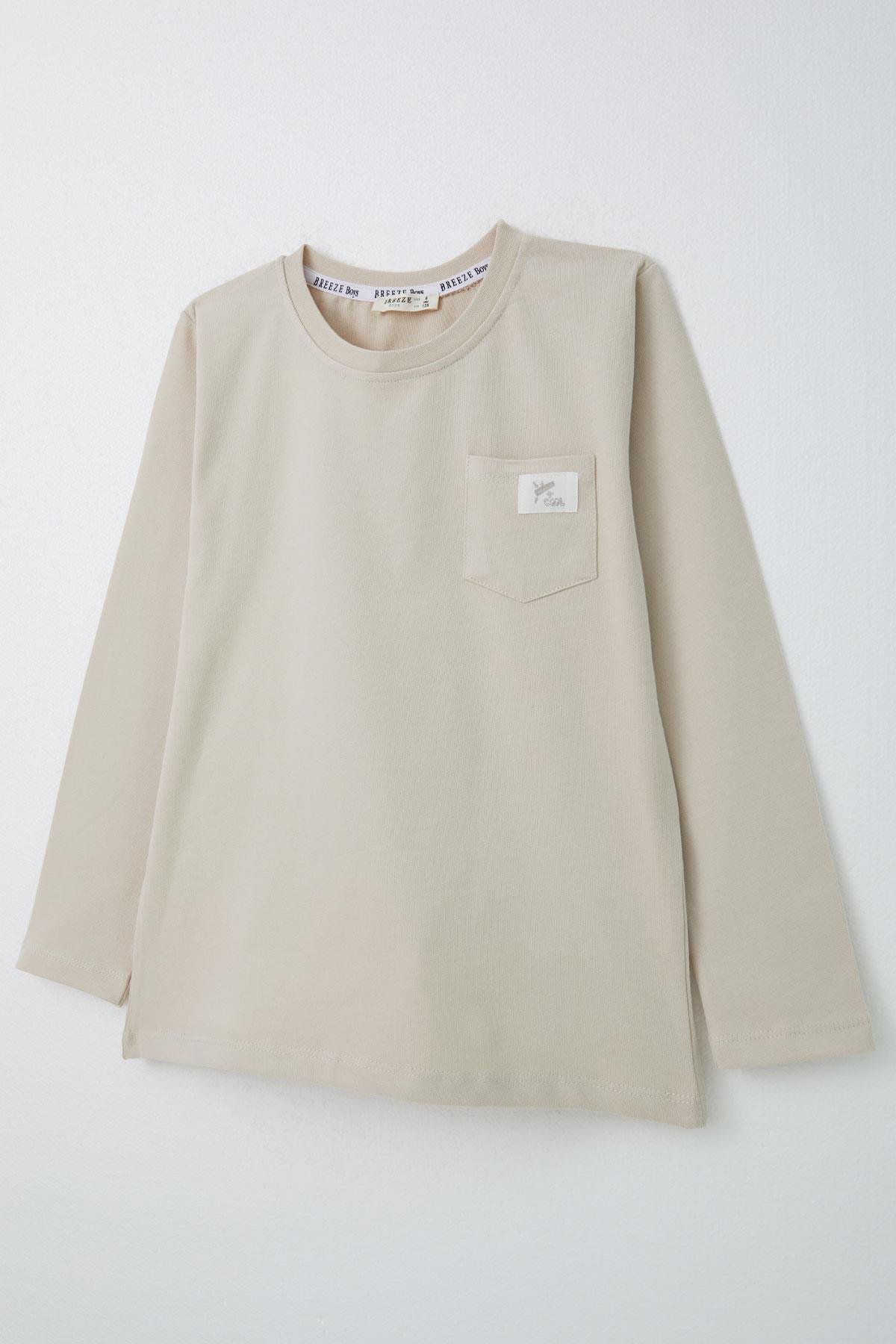Breeze Erkek Çocuk Uzun Kollu Tişört Cool Yazı Armalı Cepli Bej (4-8 Yaş)