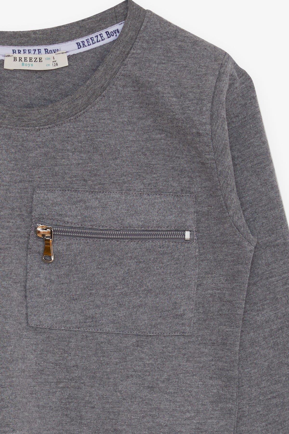 Breeze Erkek Çocuk Uzun Kollu Tişört Cepli Fermuarlı Koyu Gri Melanj (5-10 Yaş)