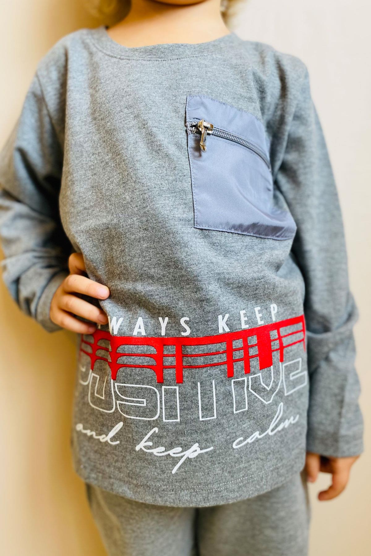 Breeze Erkek Çocuk Uzun Kollu Tişört Cepli Fermuarlı Koyu Gri Melanj (5-10 Yaş)