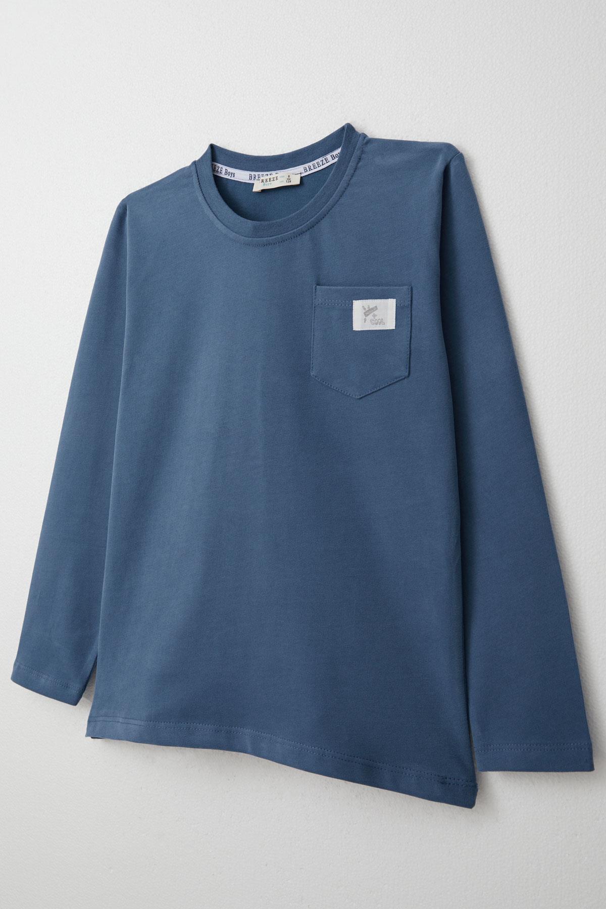 Breeze Erkek Çocuk Uzun Kollu Tişört Cool Yazı Armalı Cepli İndigo (4-8 Yaş)