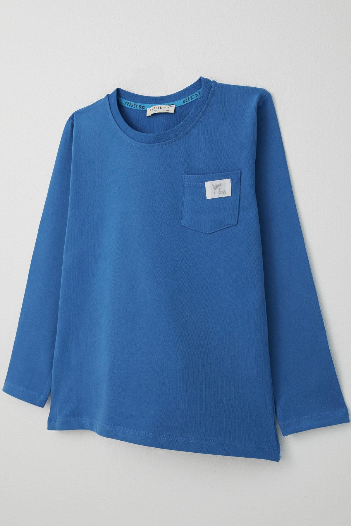 Breeze Erkek Çocuk Uzun Kollu Tişört Cool Yazı Armalı Cepli Saks Mavisi (4-8 Yaş)