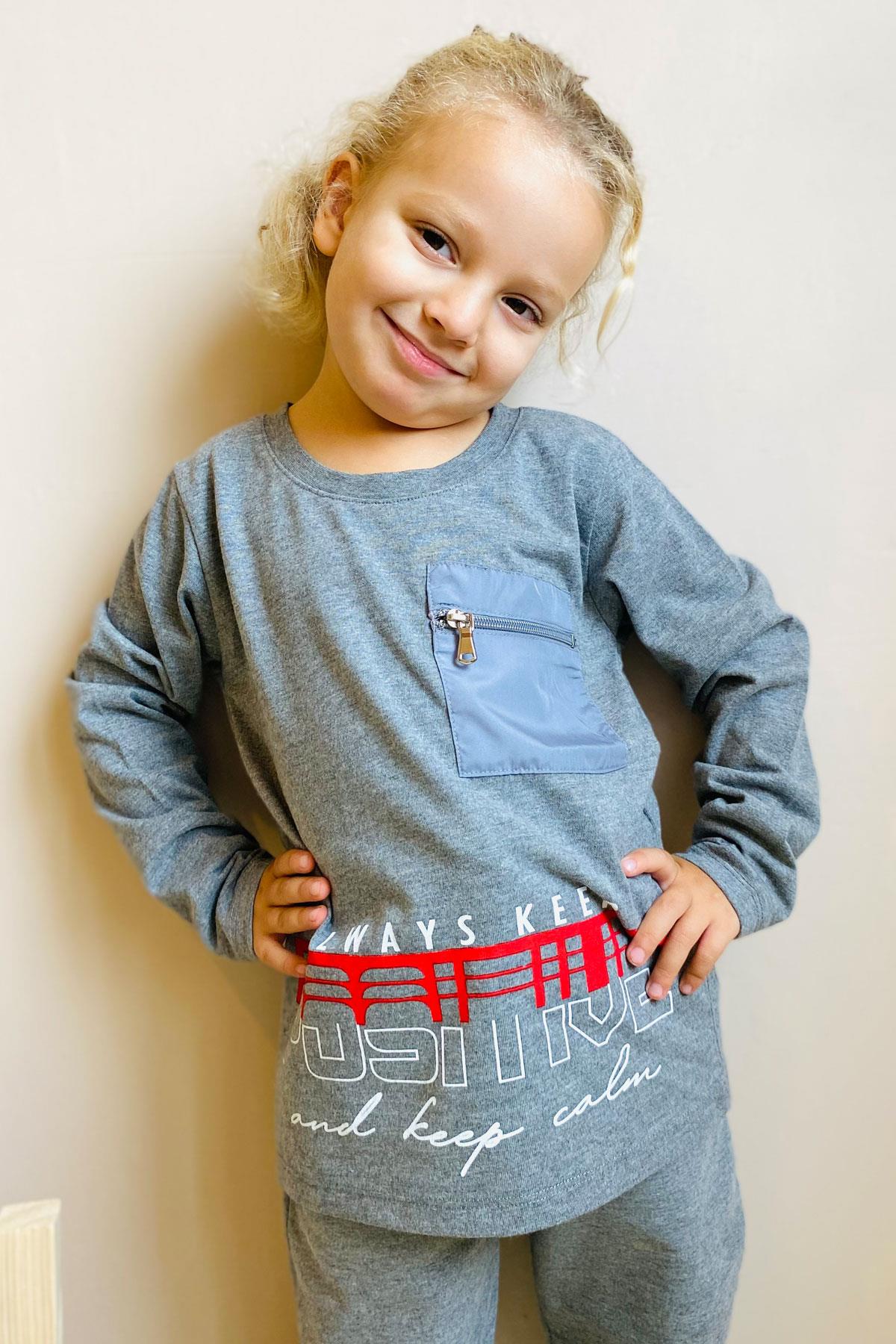 Breeze Erkek Çocuk Uzun Kollu Tişört Cepli Fermuarlı Koyu Gri Melanj (5-10 Yaş)