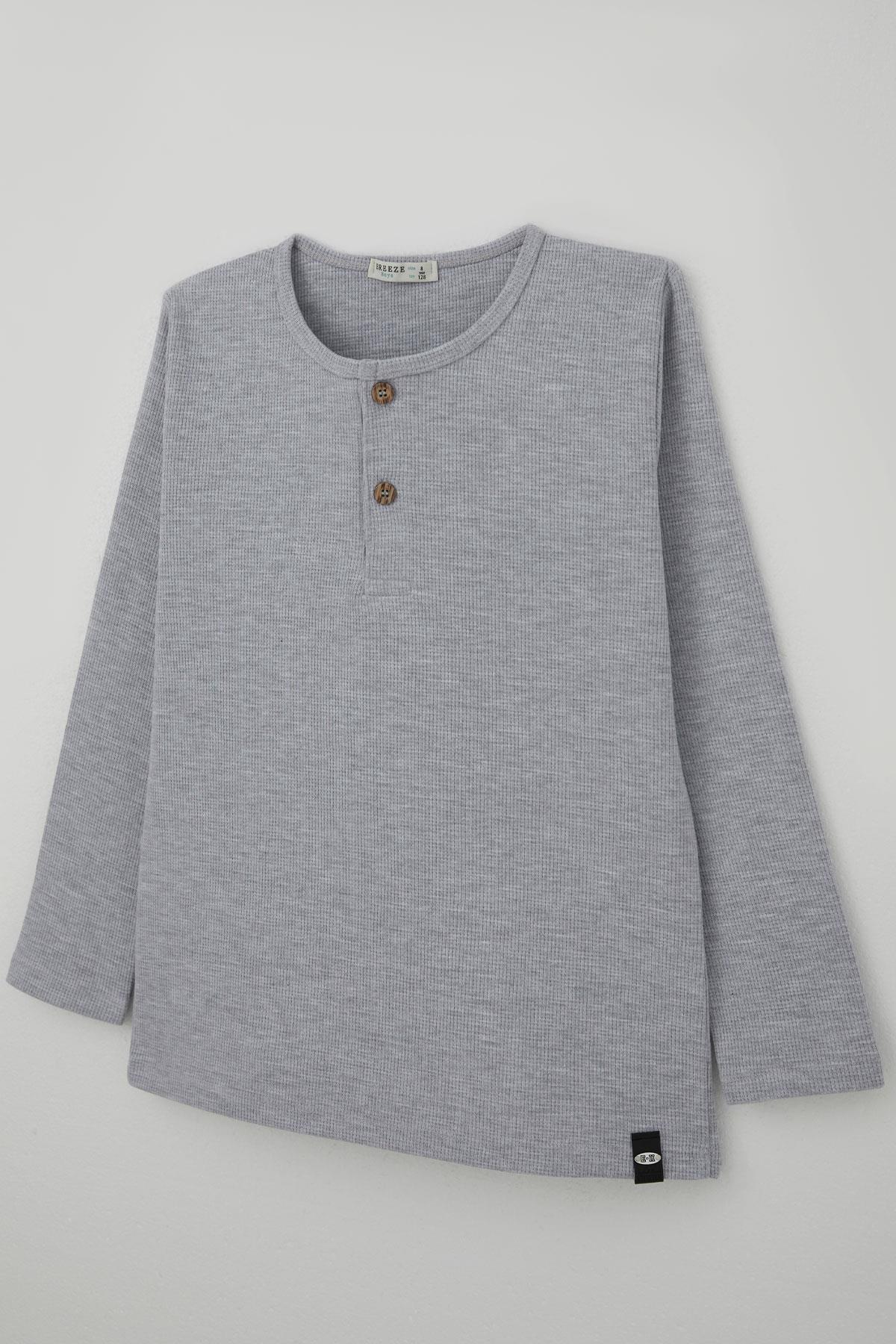 Breeze Erkek Çocuk Uzun Kollu Tişört Düğme Detaylı Açık Gri Melanj (4-8 Yaş)