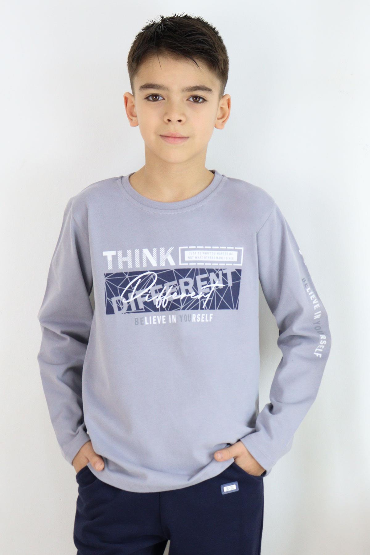 Breeze Erkek Çocuk Uzun Kollu Tişört Motivasyon Temalı Sırt Kısmı Baskılı Gri (6-12 Yaş)