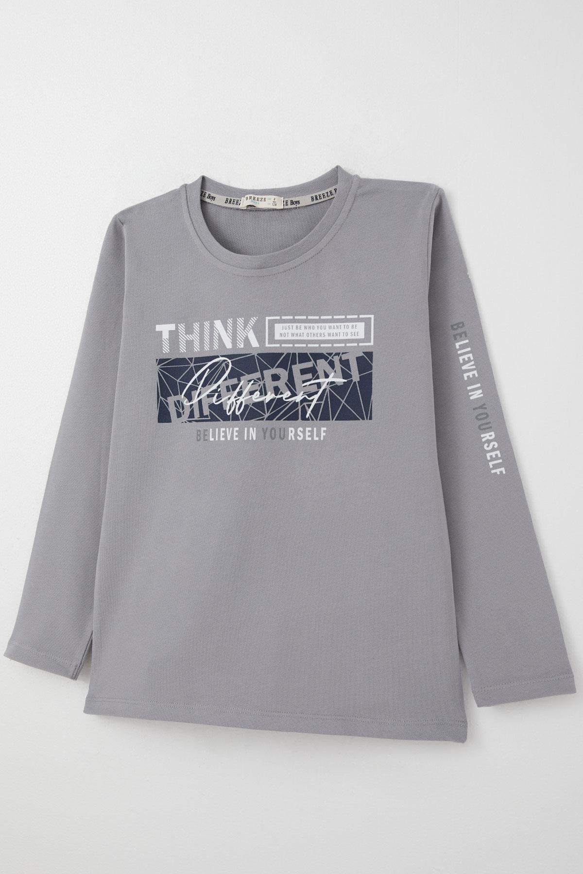 Breeze Erkek Çocuk Uzun Kollu Tişört Motivasyon Temalı Sırt Kısmı Baskılı Gri (6-12 Yaş)