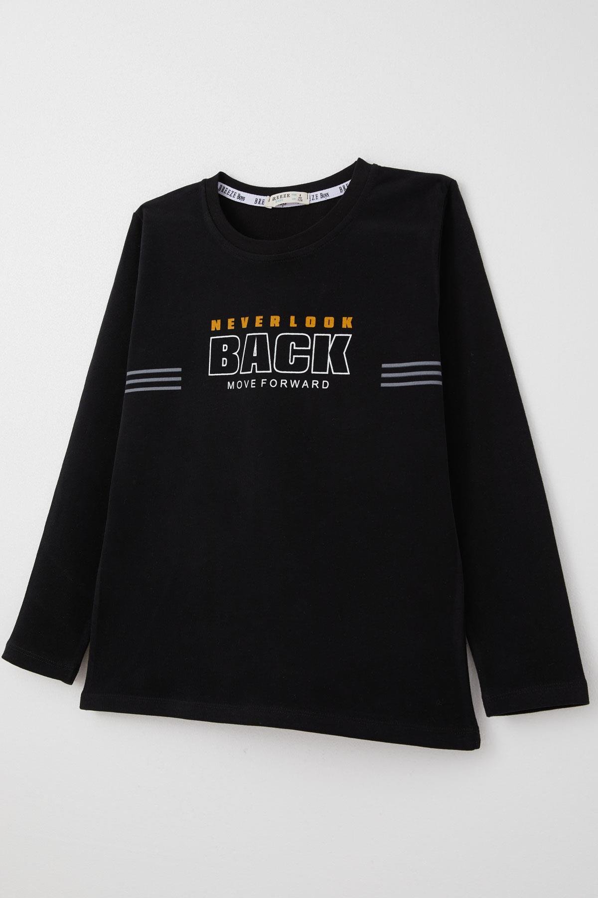 Breeze Erkek Çocuk Uzun Kollu Tişört Motivasyon Temalı & Sırt Kısmı Ayıcık Baskılı Siyah (4-8 Yaş)