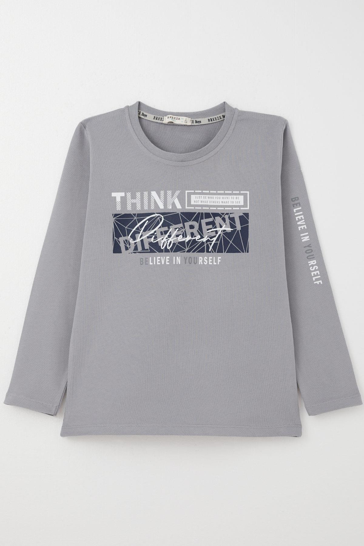 Breeze Erkek Çocuk Uzun Kollu Tişört Motivasyon Temalı Sırt Kısmı Baskılı Gri (6-12 Yaş)