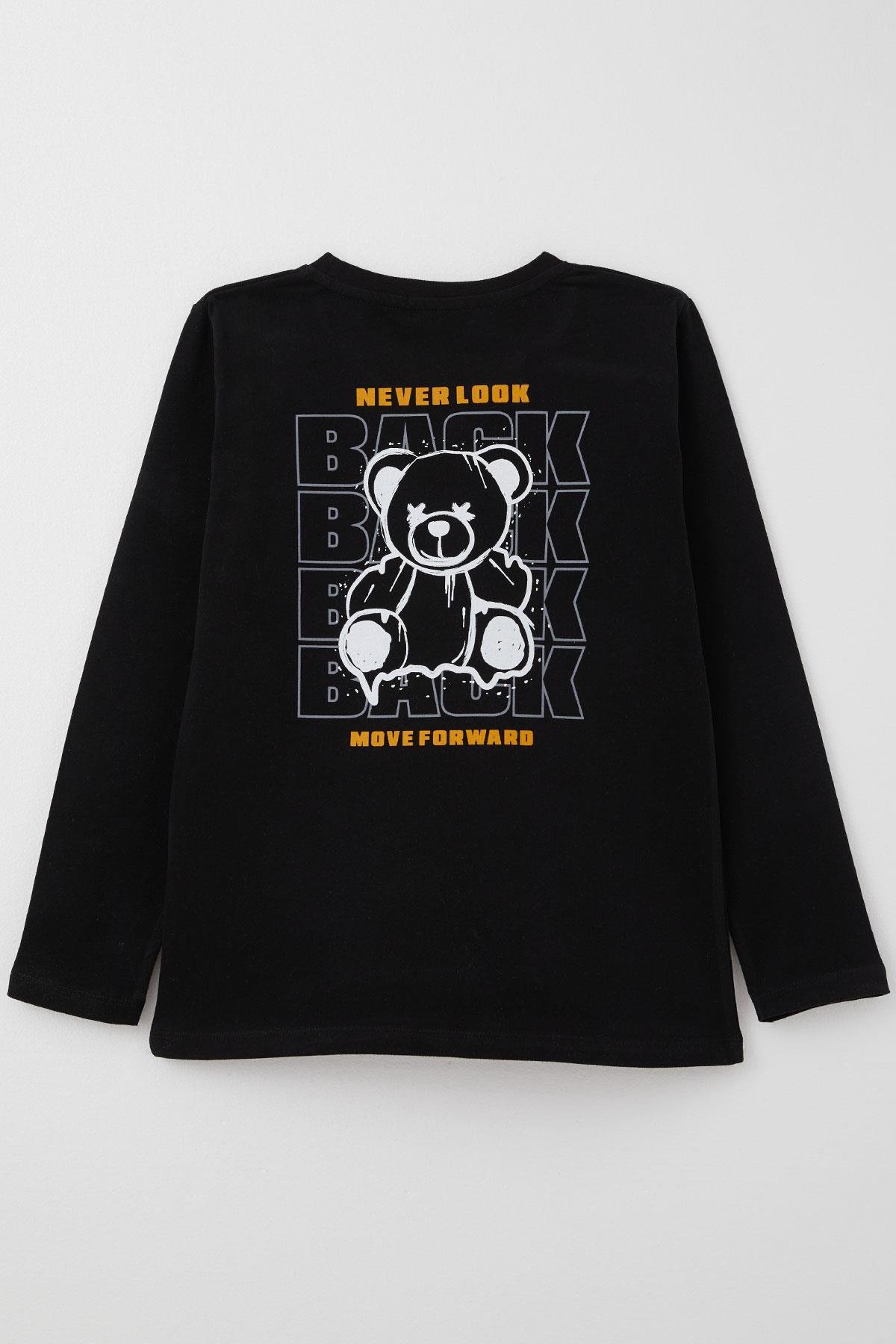 Breeze Erkek Çocuk Uzun Kollu Tişört Motivasyon Temalı & Sırt Kısmı Ayıcık Baskılı Siyah (4-8 Yaş)
