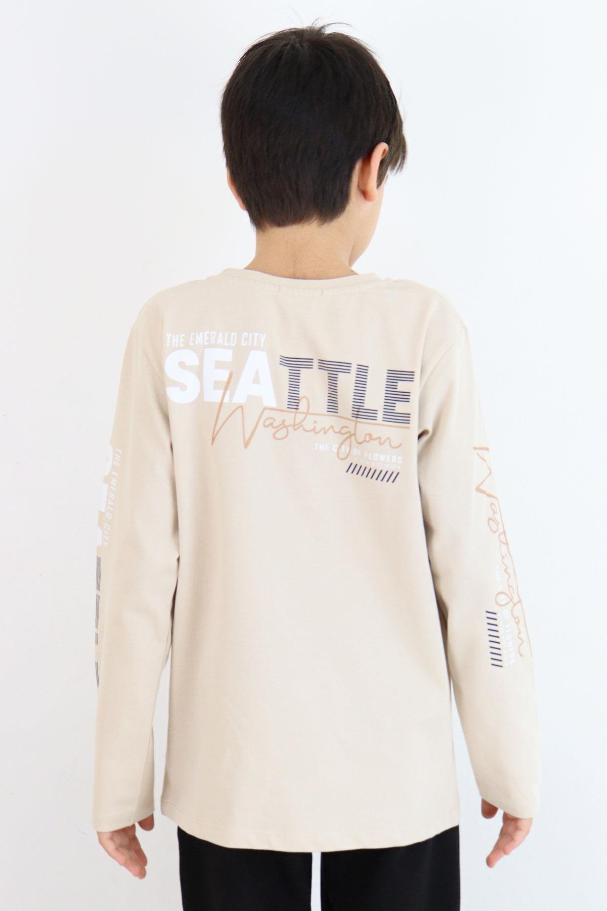 Breeze Erkek Çocuk Uzun Kollu Tişört Renkli Yazı Baskılı Bej (6-12 Yaş)