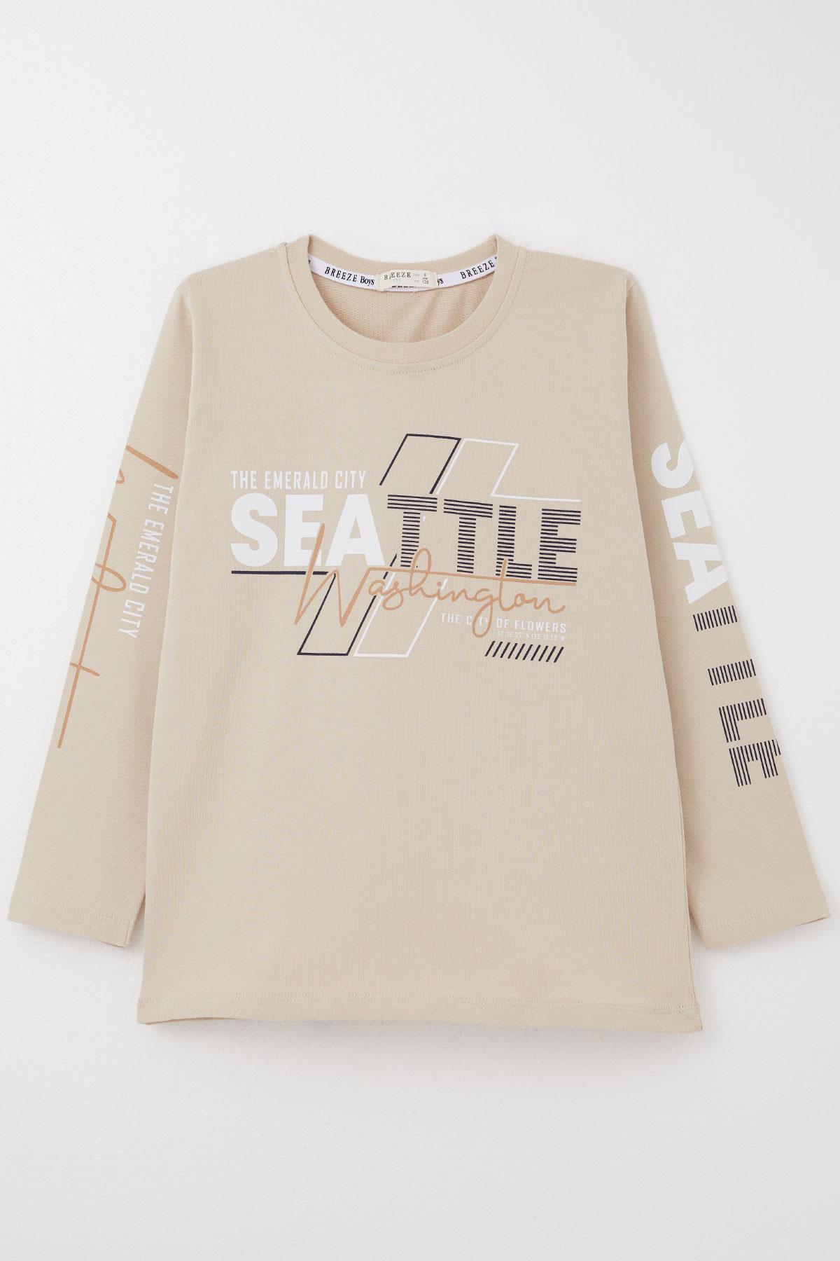 Breeze Erkek Çocuk Uzun Kollu Tişört Renkli Yazı Baskılı Bej (6-12 Yaş)