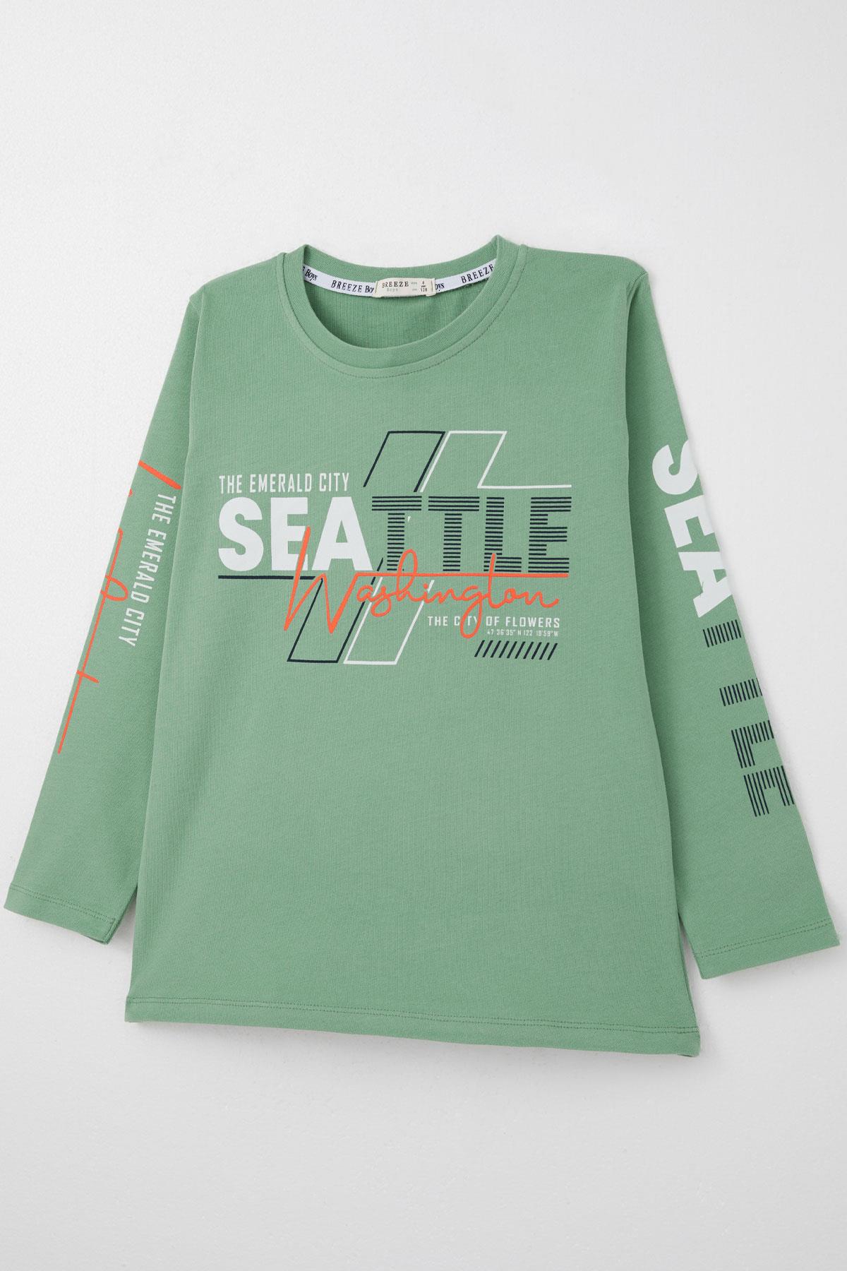 Breeze Erkek Çocuk Uzun Kollu Tişört Renkli Yazı Baskılı Mint Yeşili (6-12 Yaş)