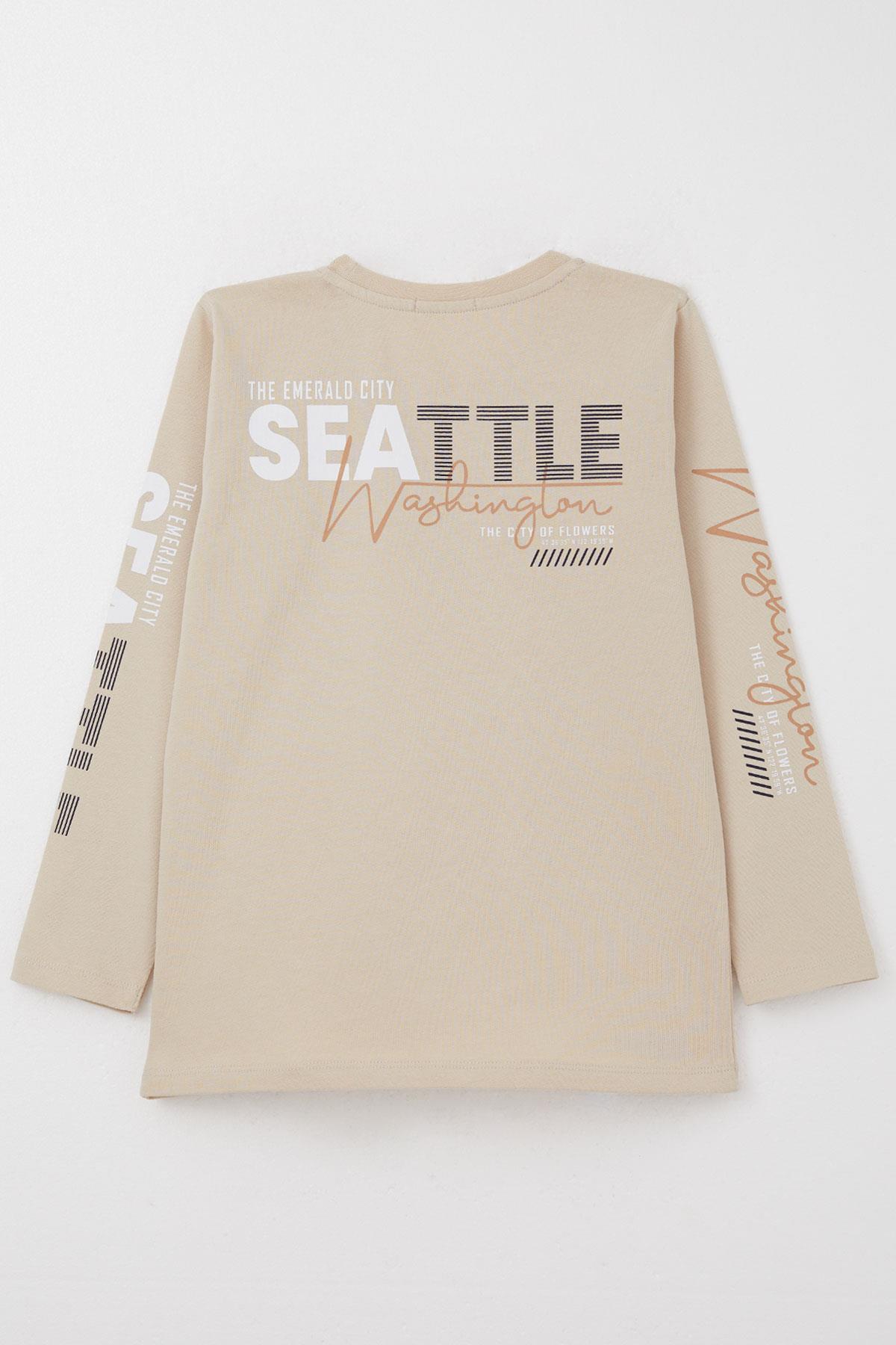Breeze Erkek Çocuk Uzun Kollu Tişört Renkli Yazı Baskılı Bej (6-12 Yaş)