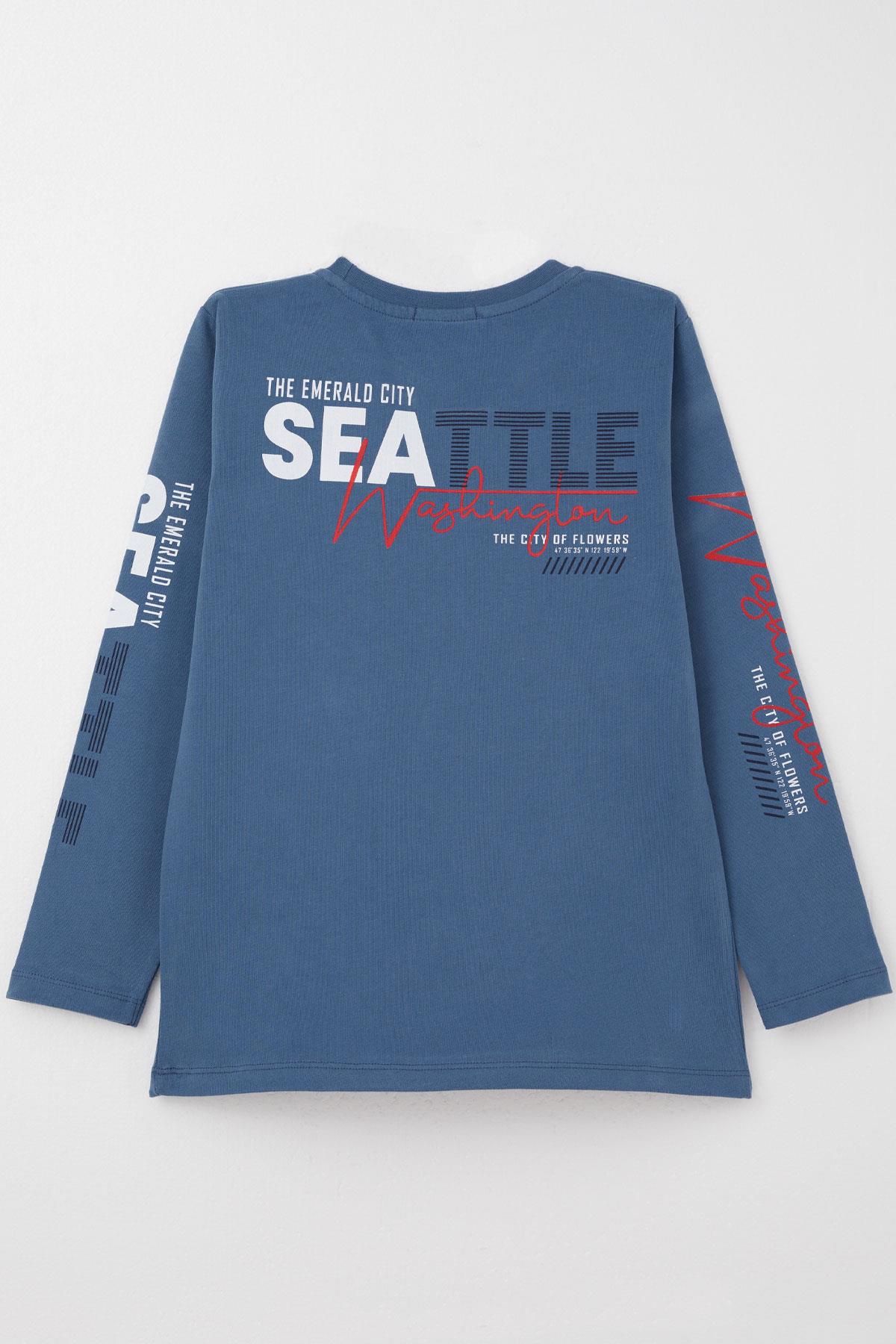 Breeze Erkek Çocuk Uzun Kollu Tişört Renkli Yazı Baskılı İndigo (6-12 Yaş)