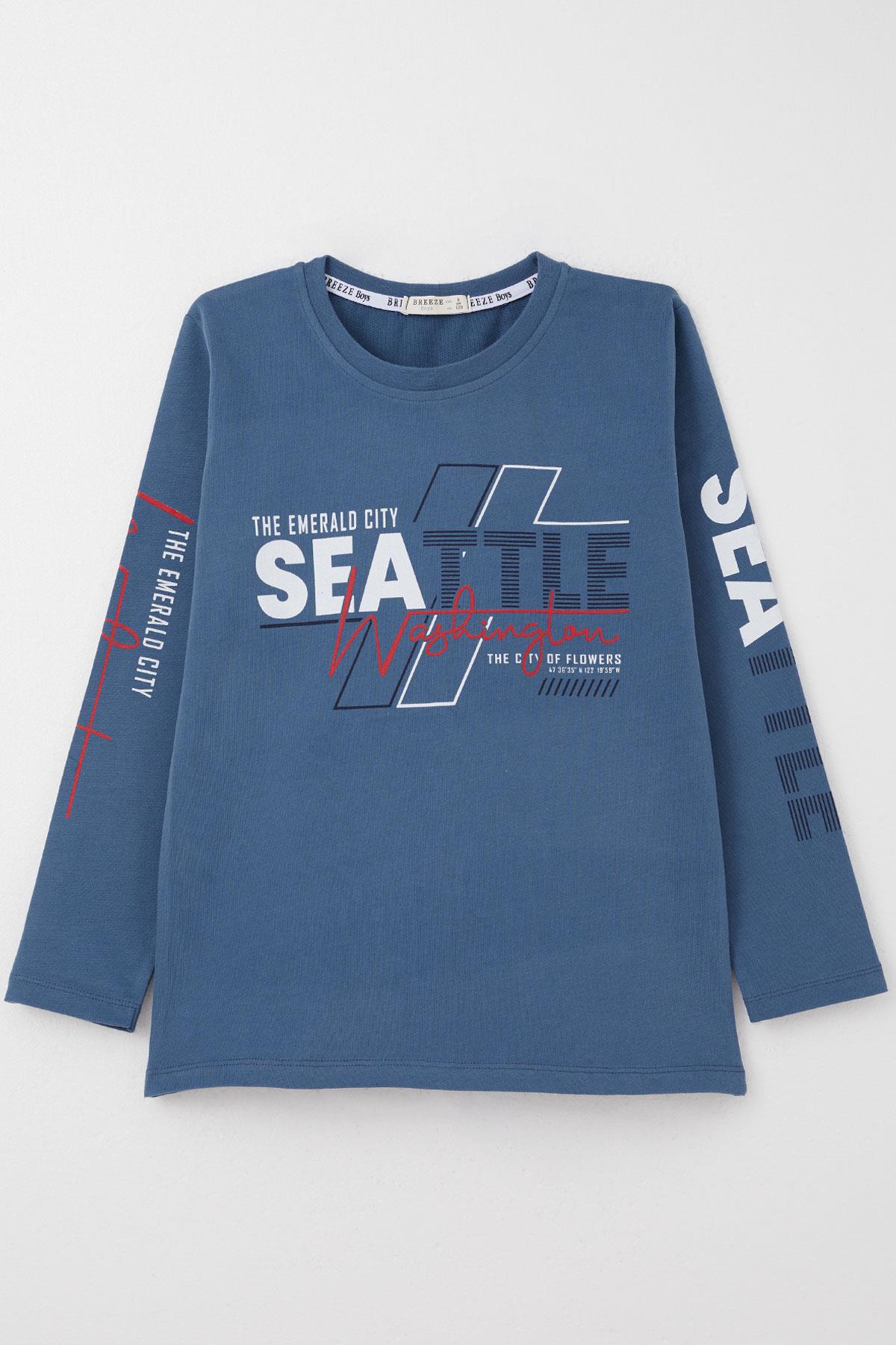 Breeze Erkek Çocuk Uzun Kollu Tişört Renkli Yazı Baskılı İndigo (6-12 Yaş)