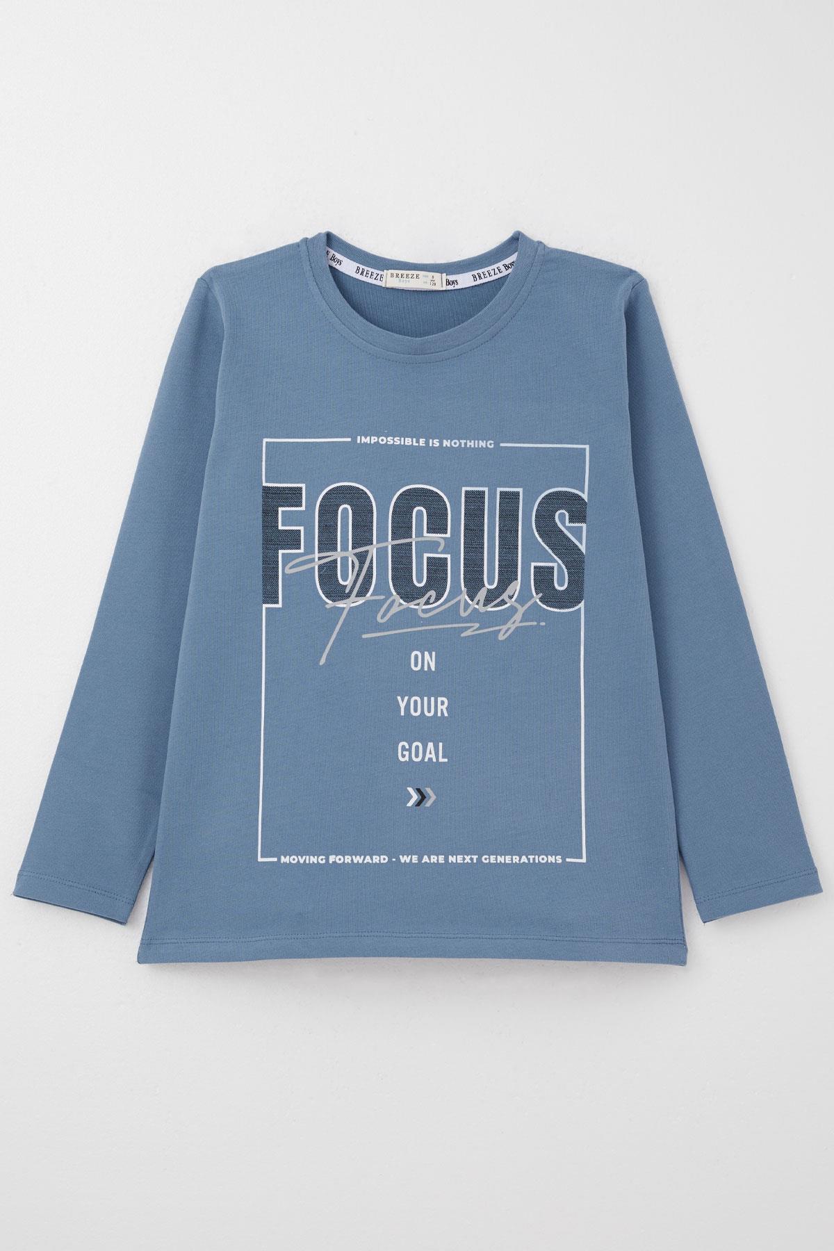 Breeze Erkek Çocuk Uzun Kollu Tişört Slogan Temalı Yazı Baskılı İndigo (6-12 Yaş)