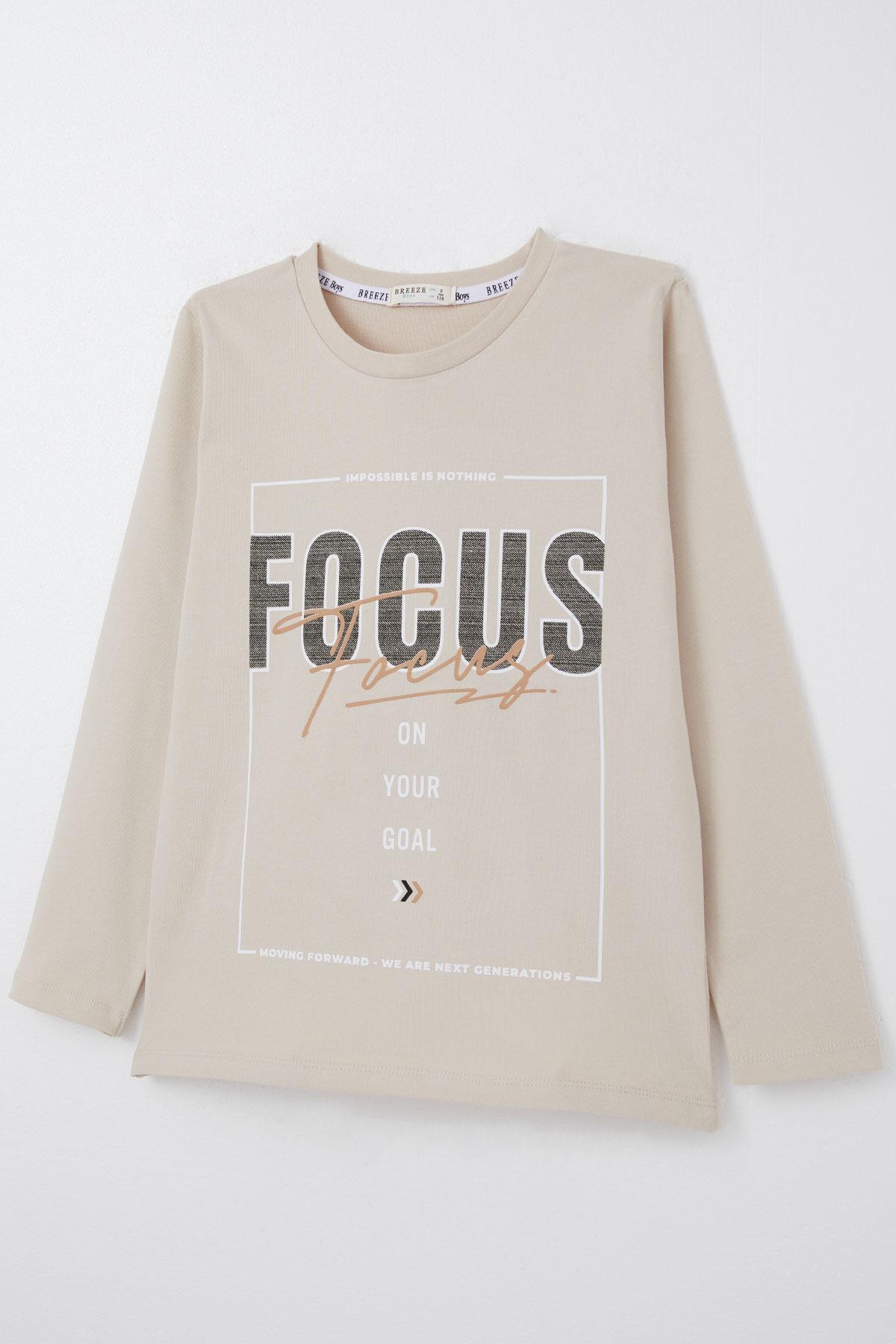 Breeze Erkek Çocuk Uzun Kollu Tişört Slogan Temalı Yazı Baskılı Bej (6-12 Yaş)
