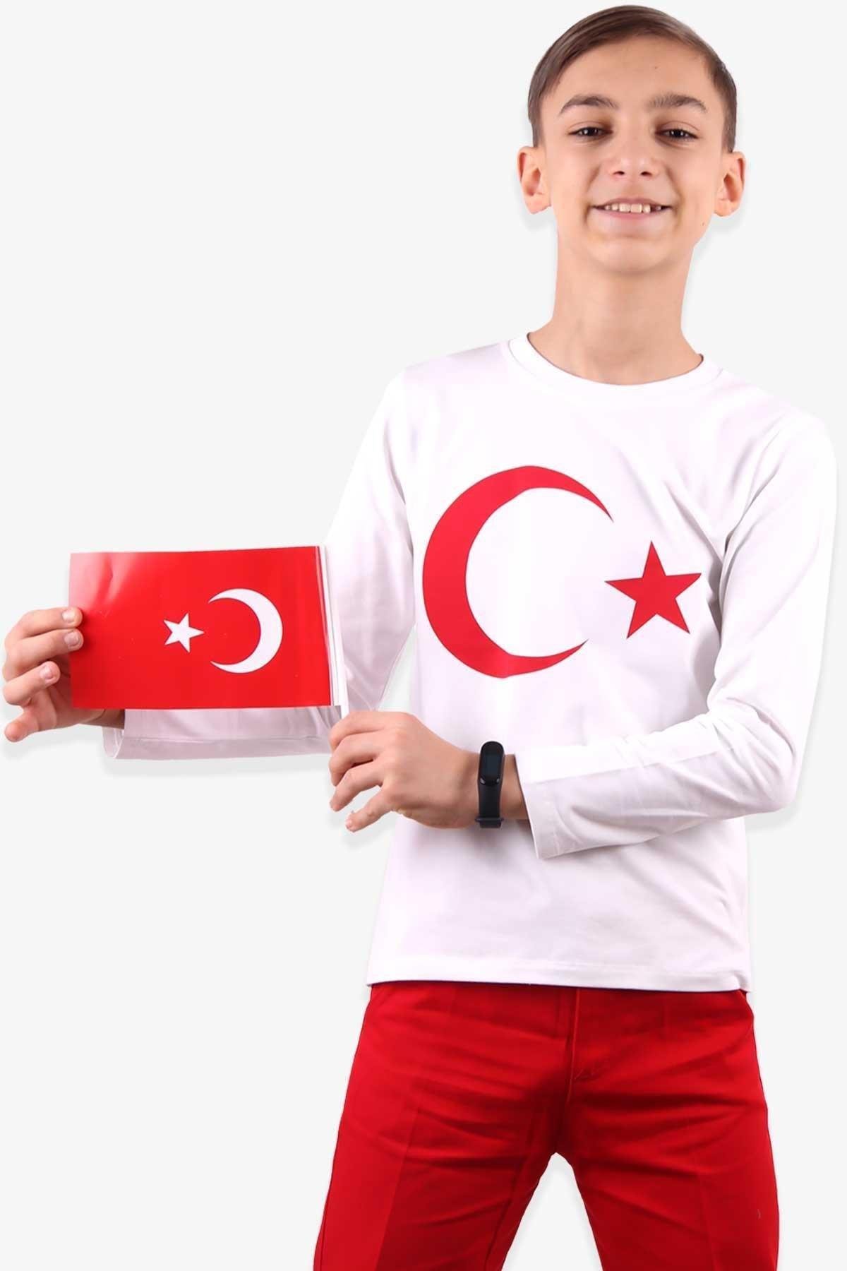 Breeze Erkek Çocuk Uzun Kollu Tişört Türk Bayraklı Beyaz (5-14 Yaş)