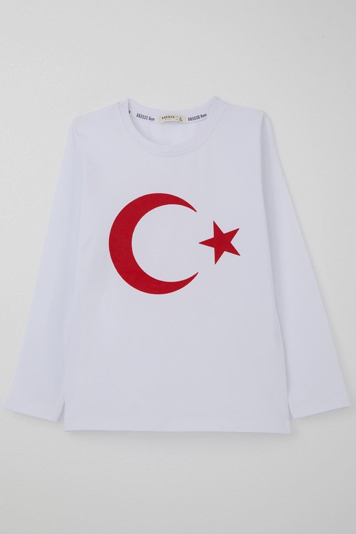Breeze Erkek Çocuk Uzun Kollu Tişört Türk Bayraklı Beyaz (5-14 Yaş)