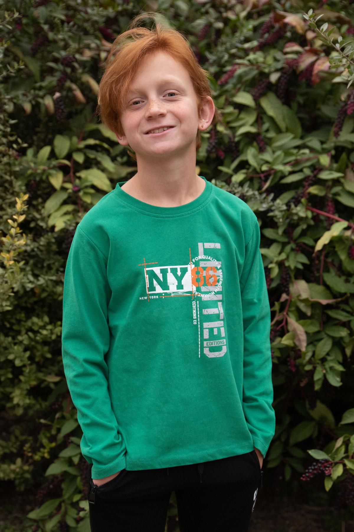 Breeze Erkek Çocuk Uzun Kollu Tişört Yazı Baskılı Koyu Yeşil (6-12 Yaş)