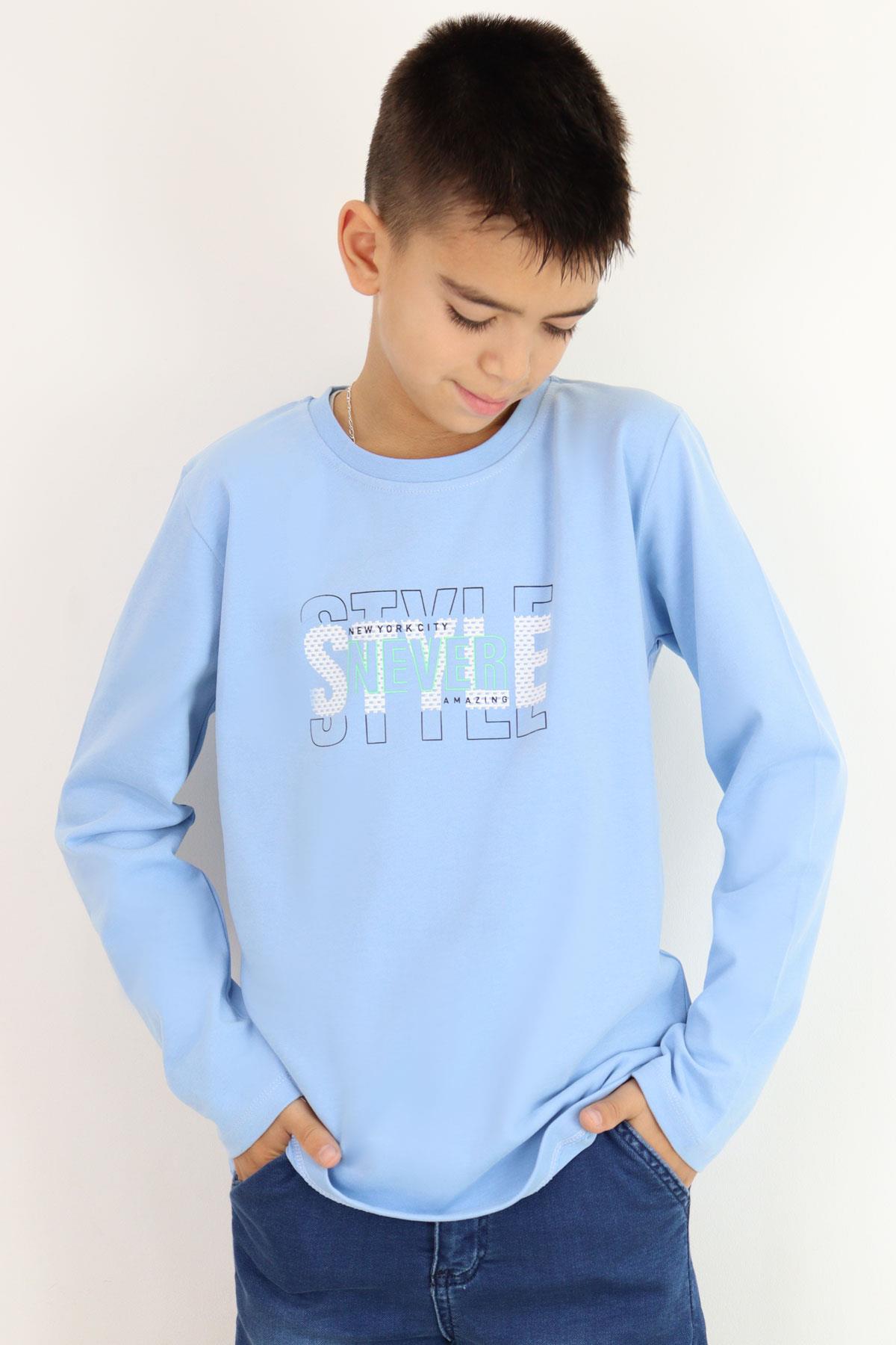 Breeze Erkek Çocuk Uzun Kollu Tişört Yazı Baskılı Açık Mavi (6-12 Yaş)