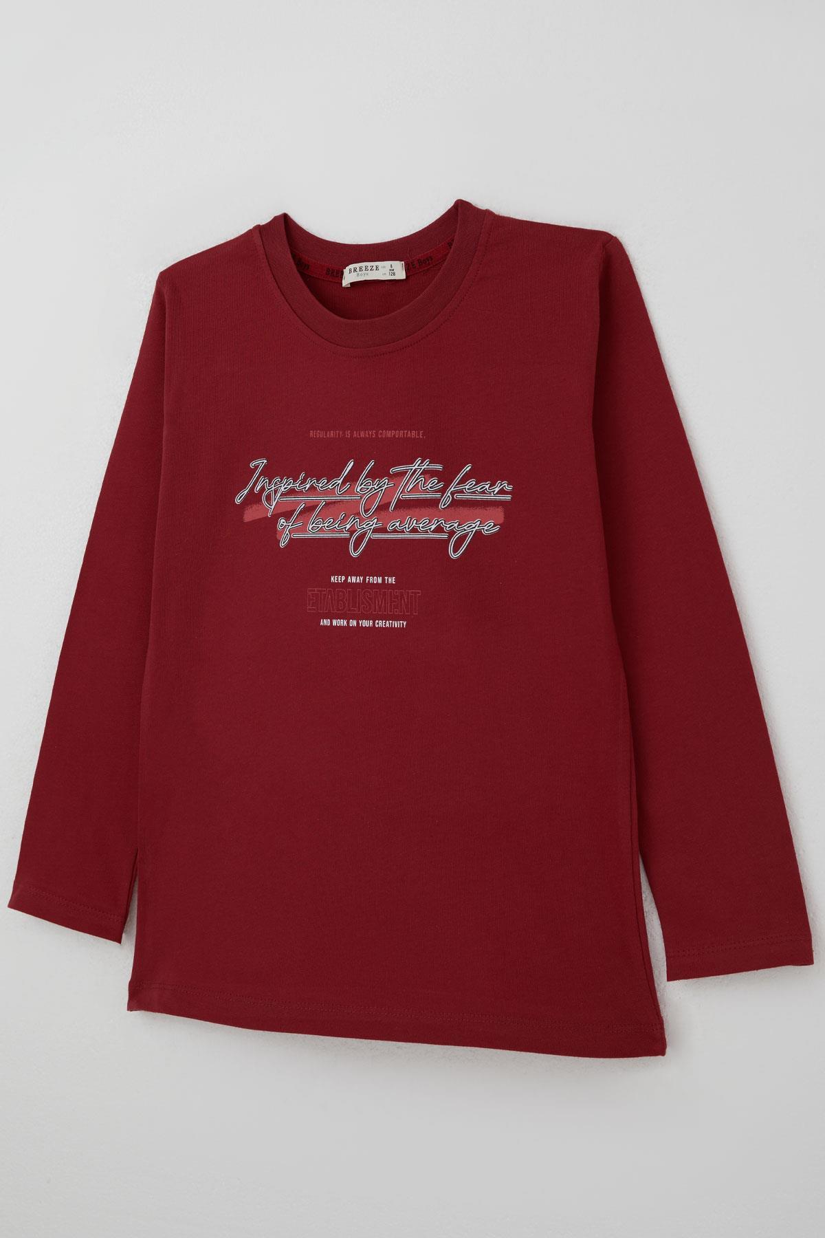 Breeze Erkek Çocuk Uzun Kollu Tişört Yazı Baskılı Bordo (8-14 Yaş)