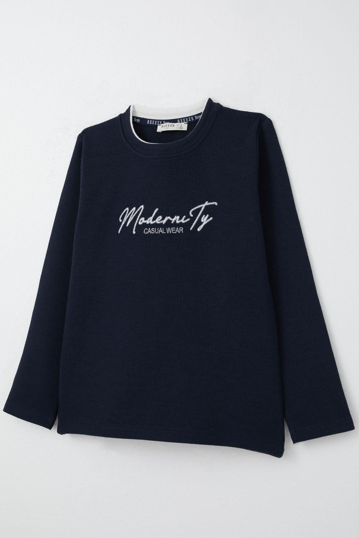 Breeze Erkek Çocuk Uzun Kollu Tişört Yazı Nakışlı Lacivert (8-14 Yaş)