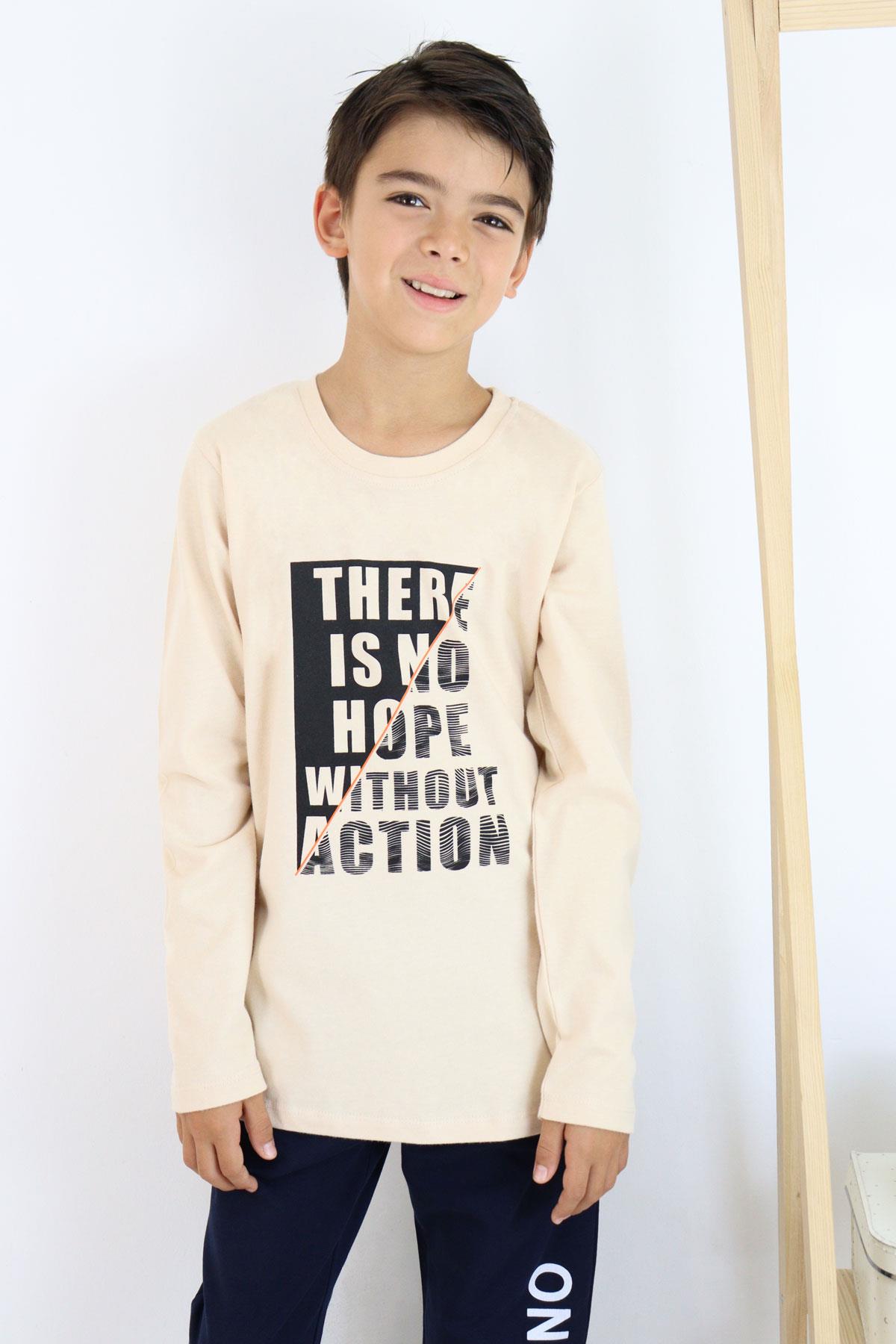 Breeze Erkek Çocuk Uzun Kollu Tişört Yazı Baskılı Bej (6-12 Yaş)
