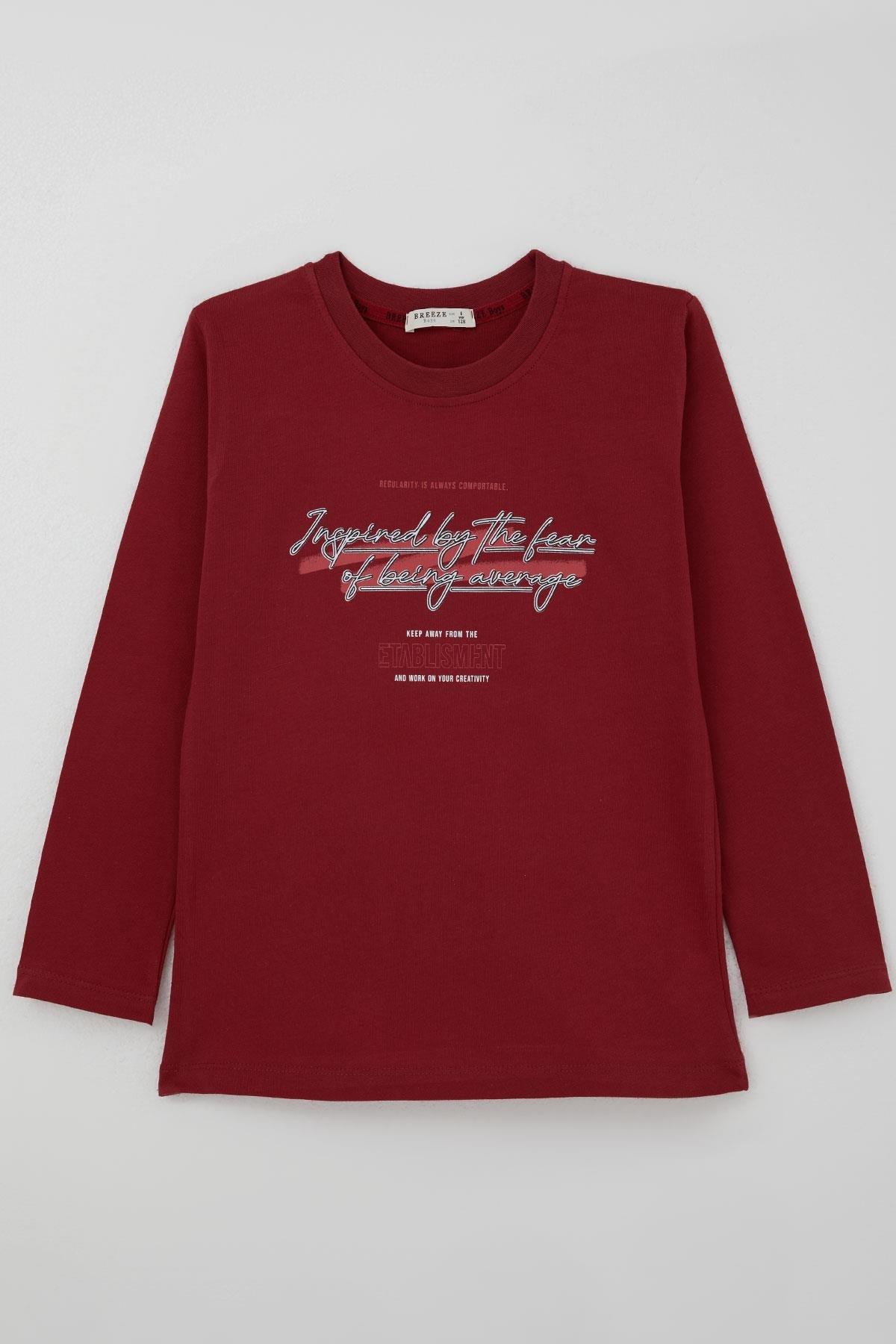 Breeze Erkek Çocuk Uzun Kollu Tişört Yazı Baskılı Bordo (8-14 Yaş)