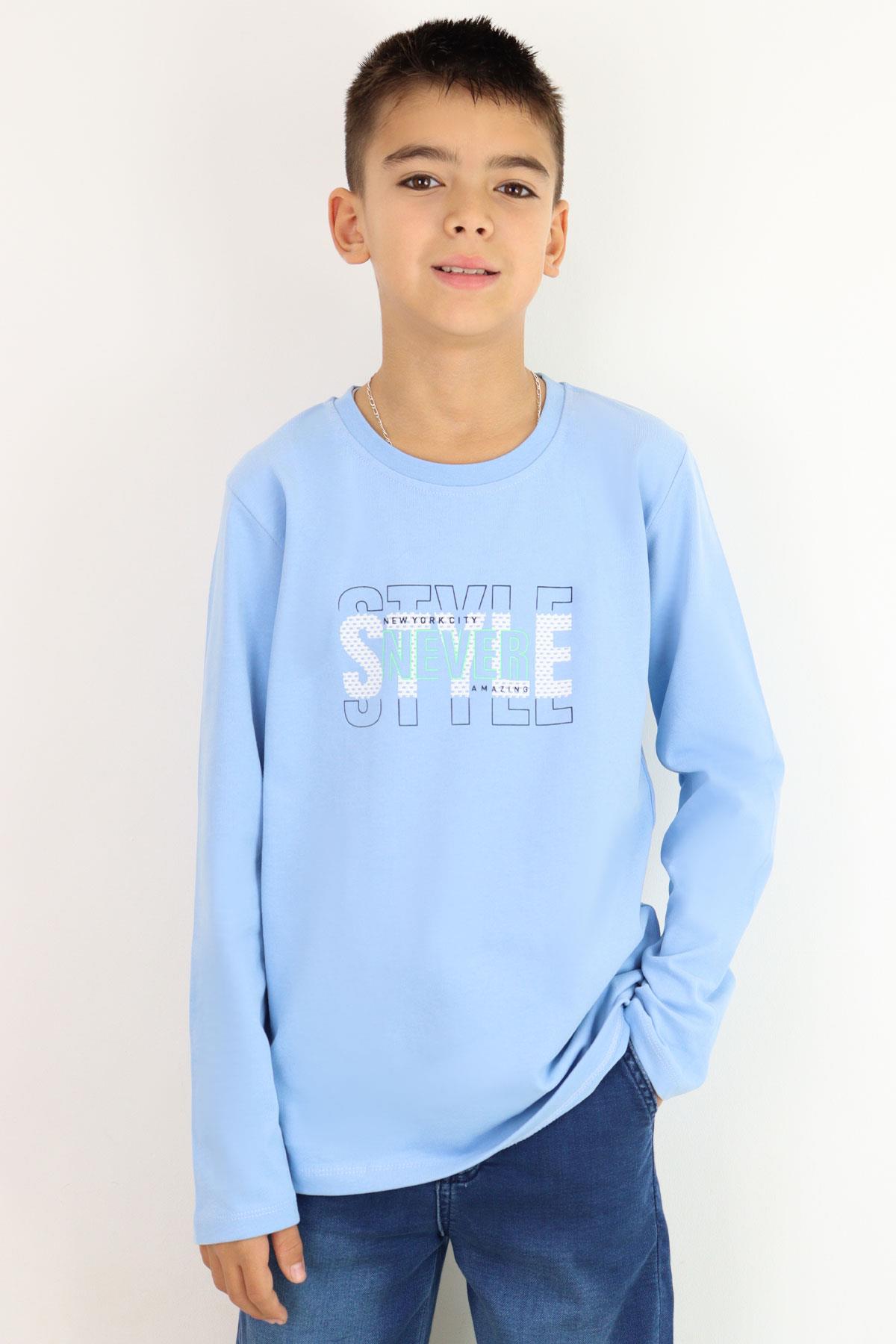 Breeze Erkek Çocuk Uzun Kollu Tişört Yazı Baskılı Açık Mavi (6-12 Yaş)