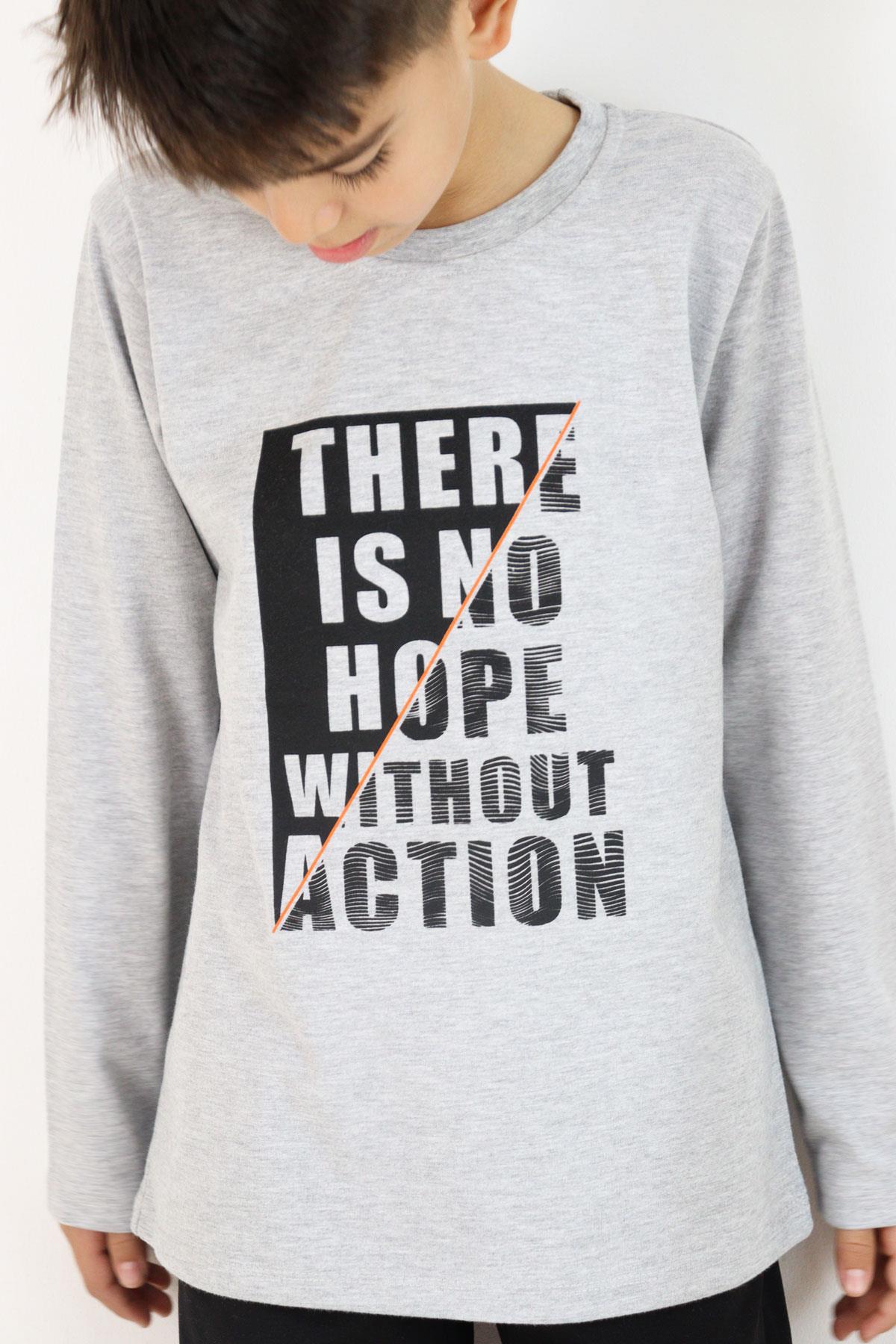 Breeze Erkek Çocuk Uzun Kollu Tişört Yazı Baskılı Açık Gri Melanj (6-12 Yaş)