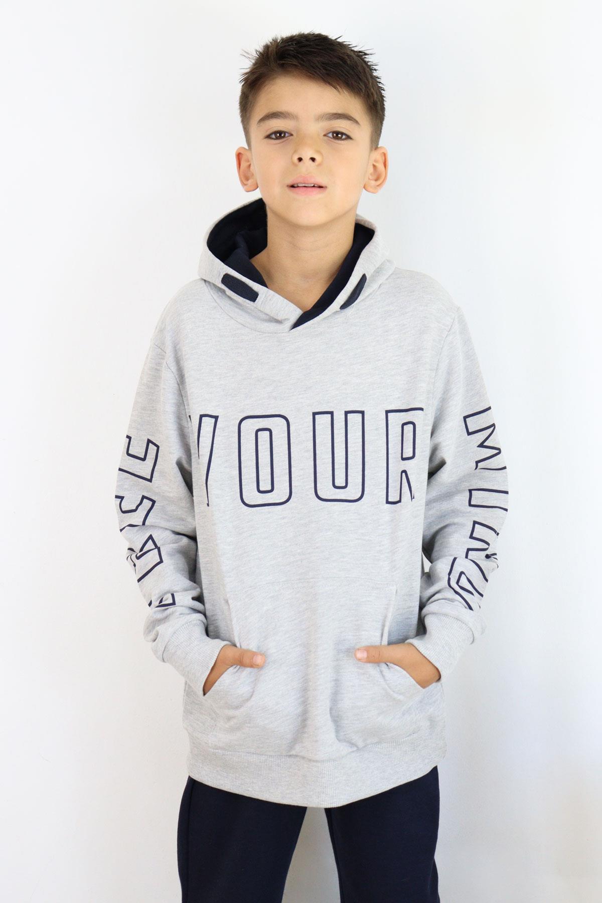 Breeze Erkek Çocuk Yazı Baskılı Sweatshirt Gri Melanj (9-14 Yaş)