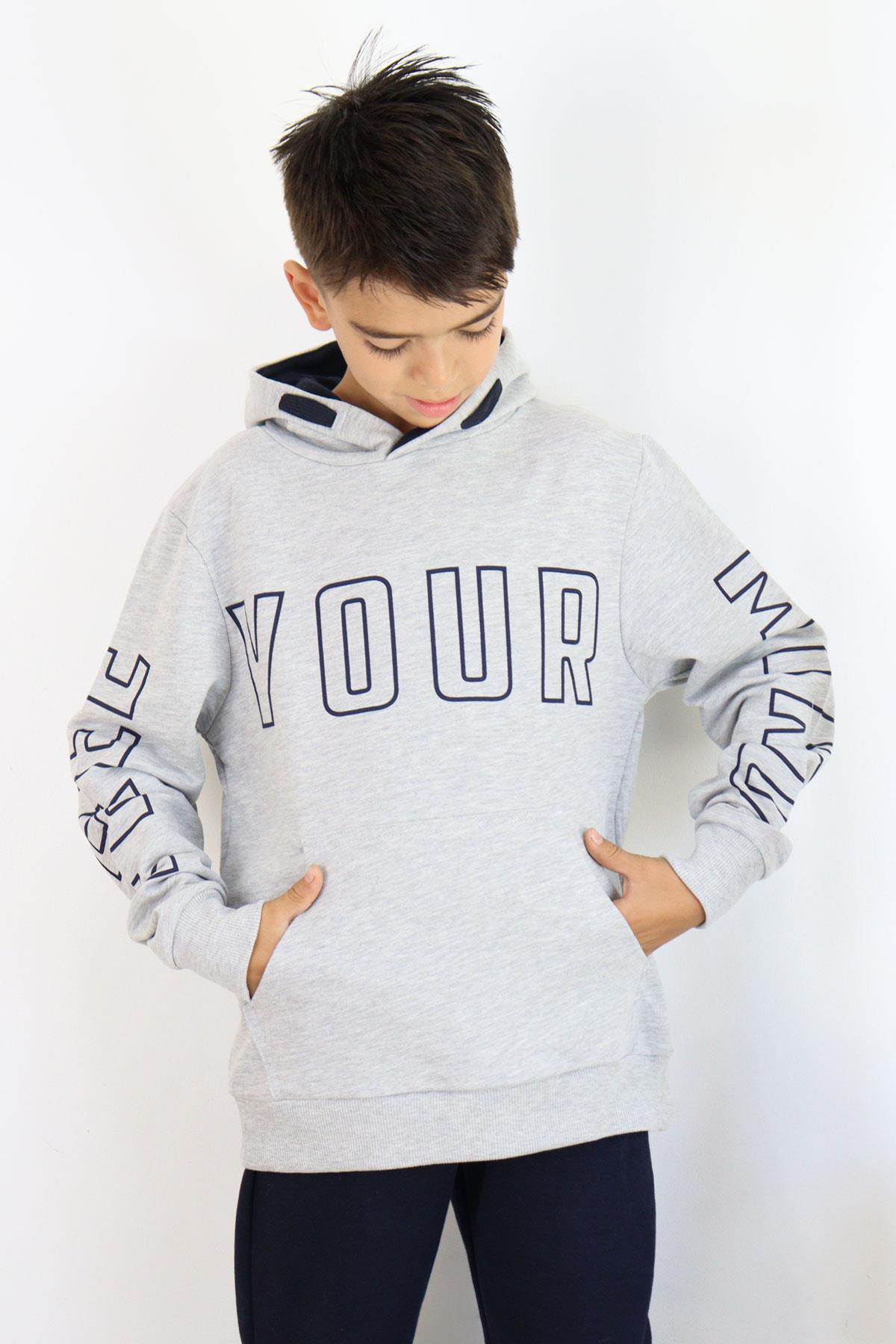 Breeze Erkek Çocuk Yazı Baskılı Sweatshirt Gri Melanj (9-14 Yaş)