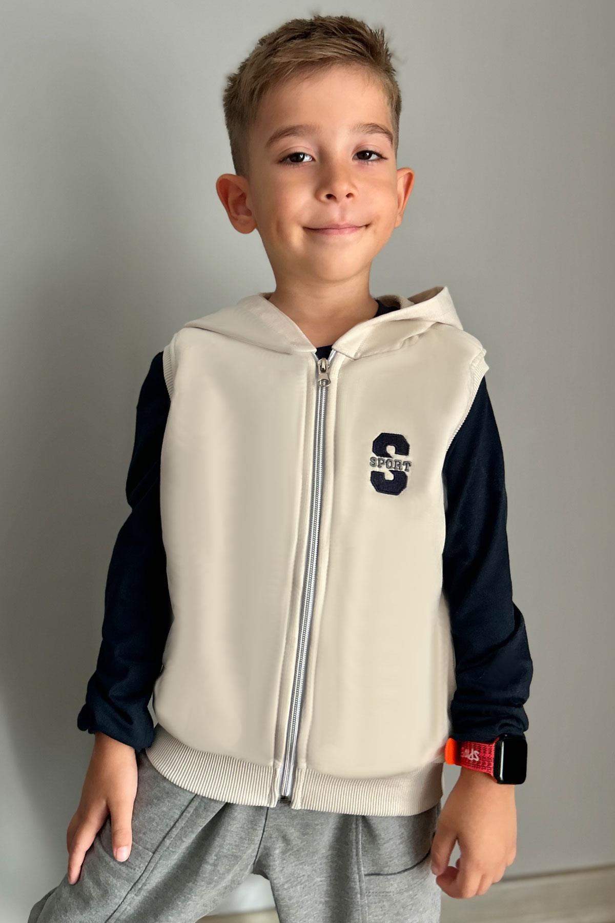 Breeze Erkek Çocuk Yelek Harf Nakışlı Fermuarlı Krem (3-8 Yaş)