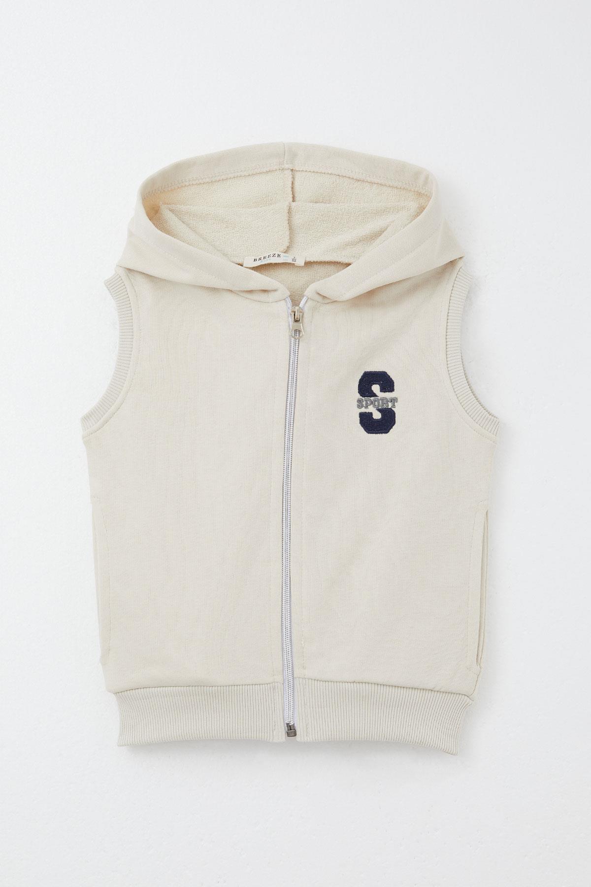 Breeze Erkek Çocuk Yelek Harf Nakışlı Fermuarlı Krem (3-8 Yaş)