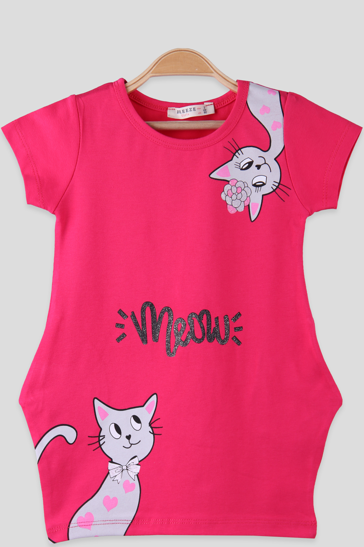 Breeze Kedi Baskılı Penye Elbise Fuşya (2-6 Yaş)