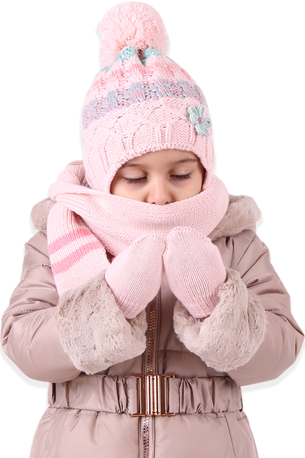BREEZE Kız Bebek Atkı Bere Takımı Çiçekli Pudra ( 0-18 Ay )