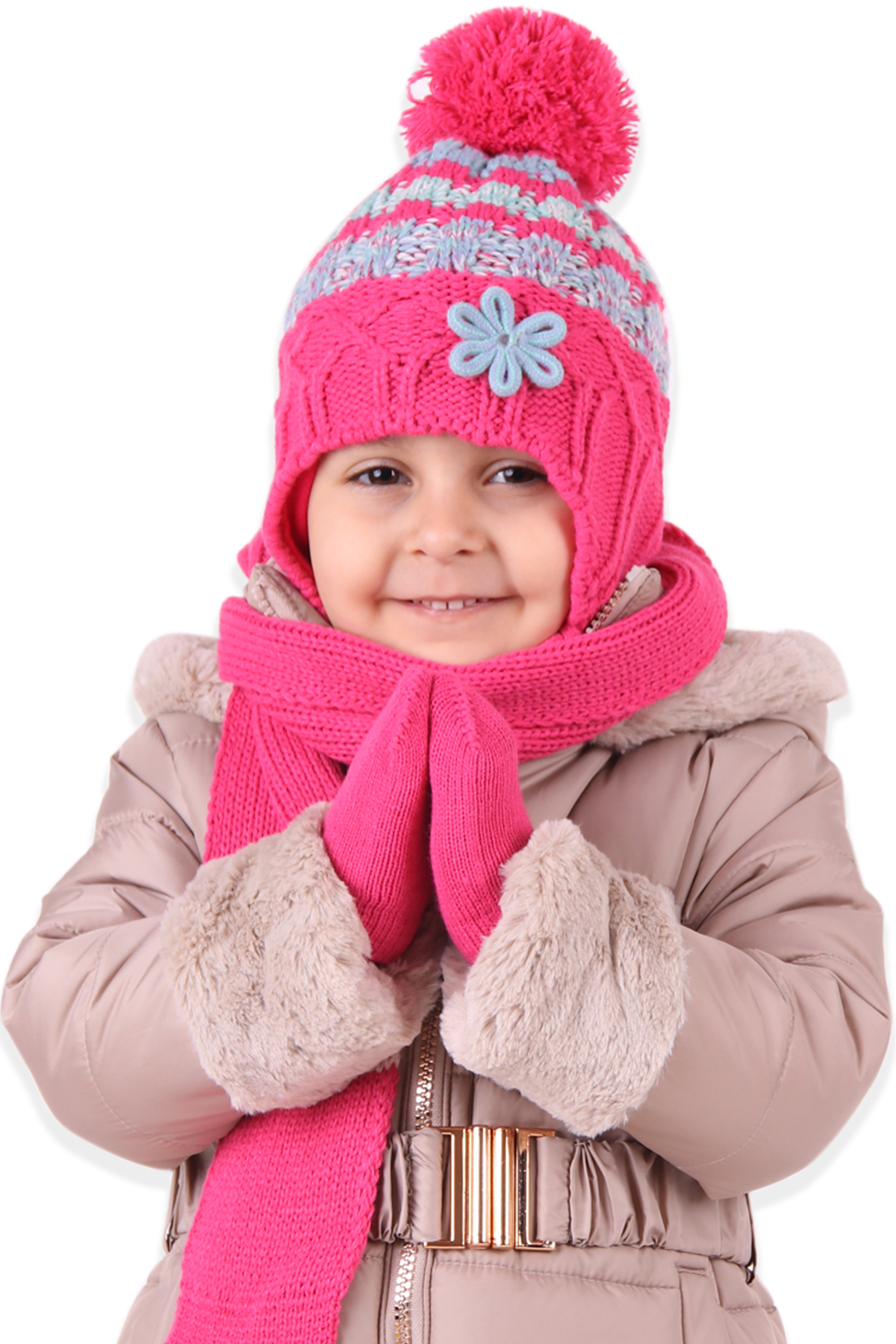 BREEZE Kız Bebek Atkı Bere Takımı Çiçekli Fuşya ( 0-18 Ay )