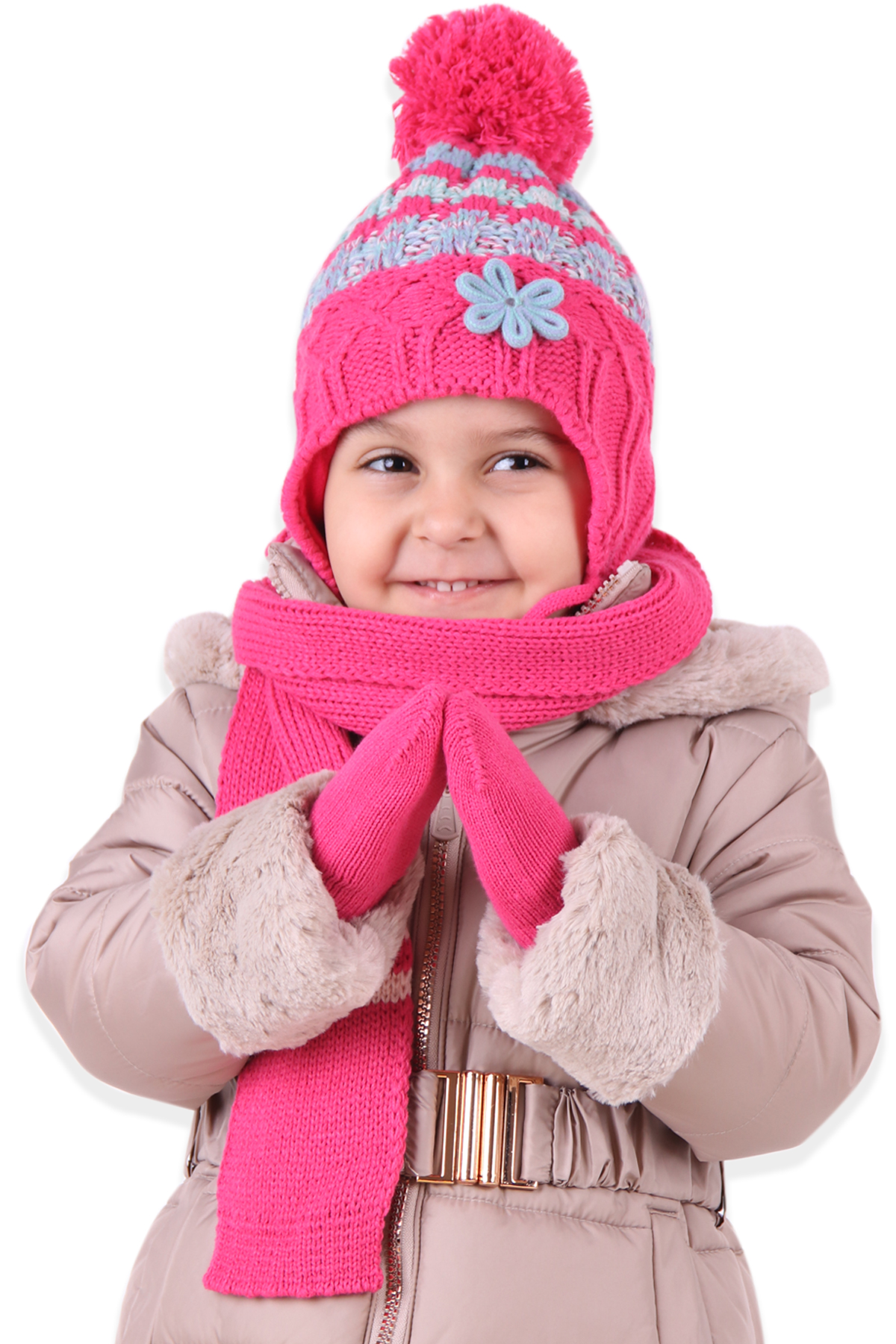 BREEZE Kız Bebek Atkı Bere Takımı Çiçekli Fuşya ( 0-18 Ay )