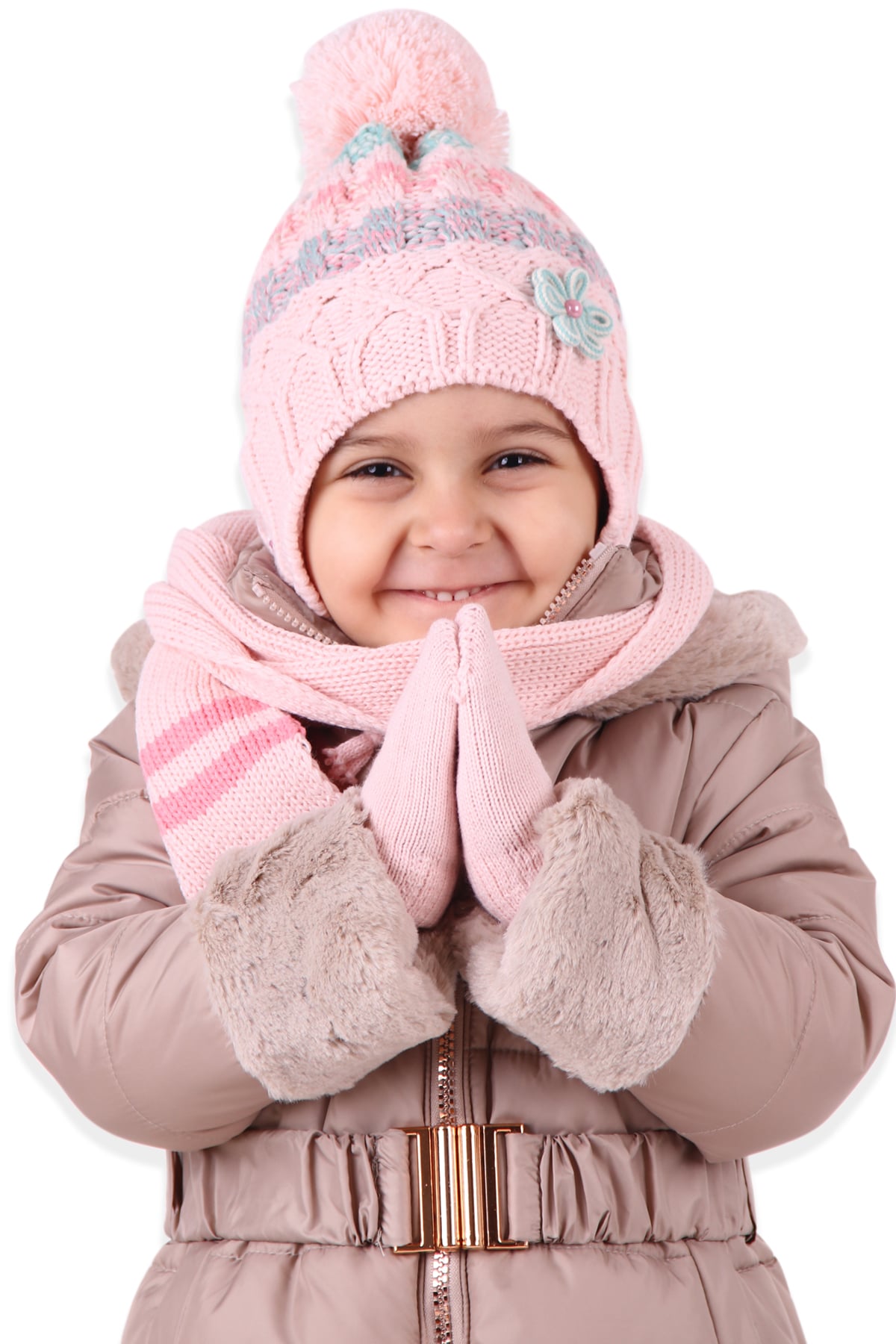 BREEZE Kız Bebek Atkı Bere Takımı Çiçekli Pudra ( 0-18 Ay )