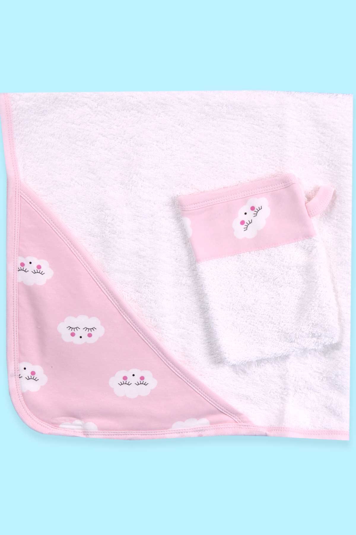 Breeze Kız Bebek Banyo Havlusu Bulut Temalı Keseli 2 li Takım Beyaz